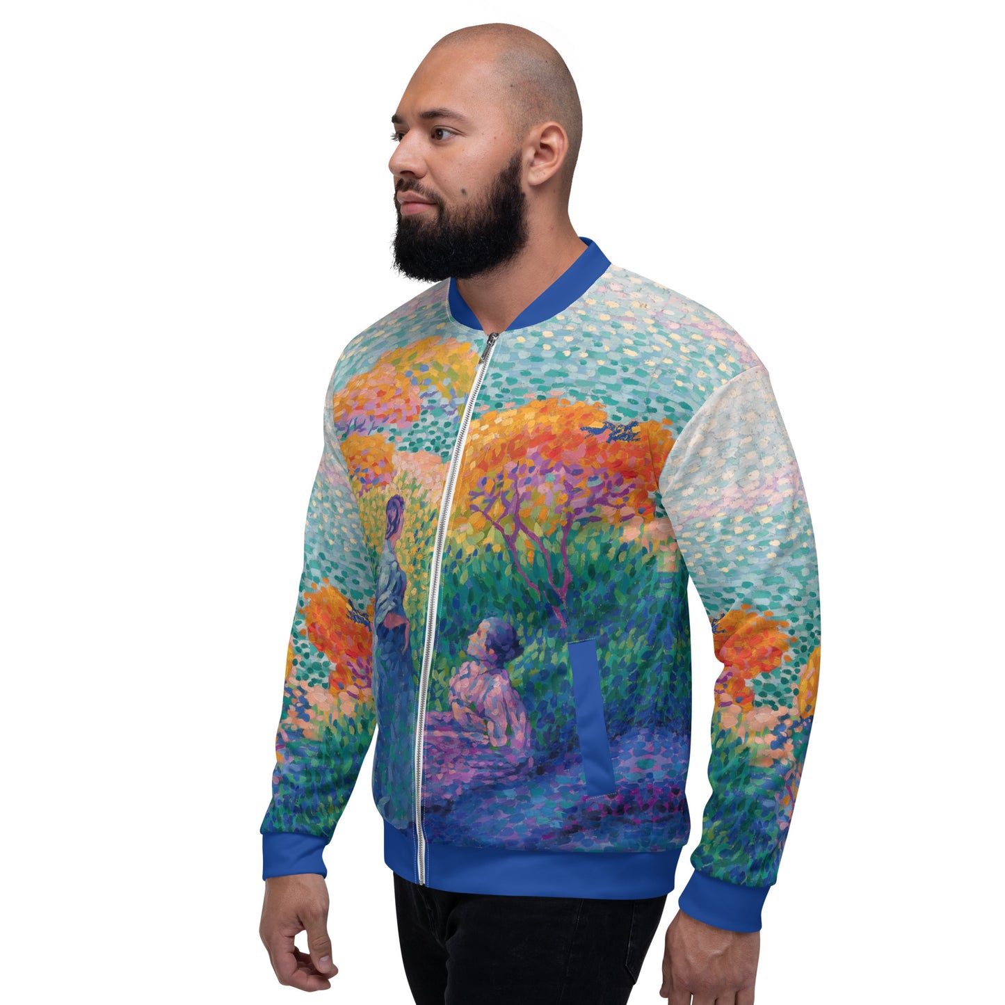 Unisex lightweight all over print bomber jacket featuring Henri Edmond Cross 'Two Women By The Shore'. Male model left side.