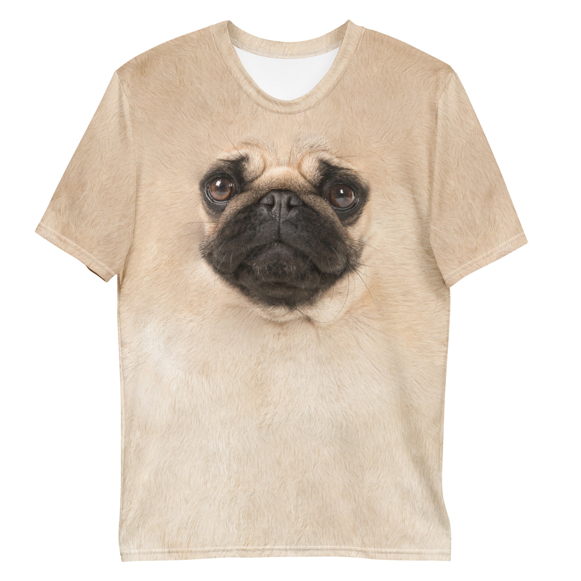 Pug Dog face all over print men's T-shirt laid flat front