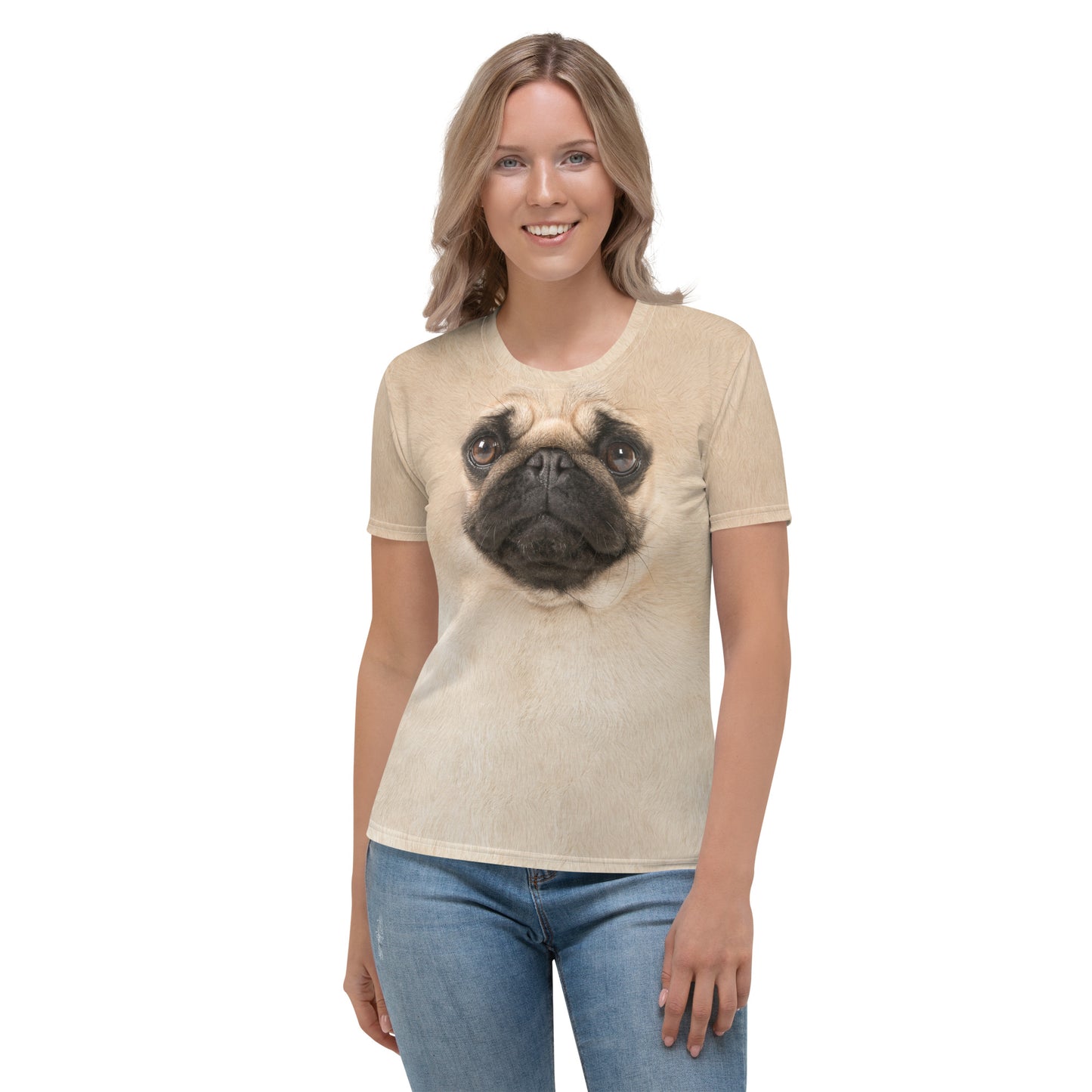 Pug Dog face all over print women's T-shirt female model front