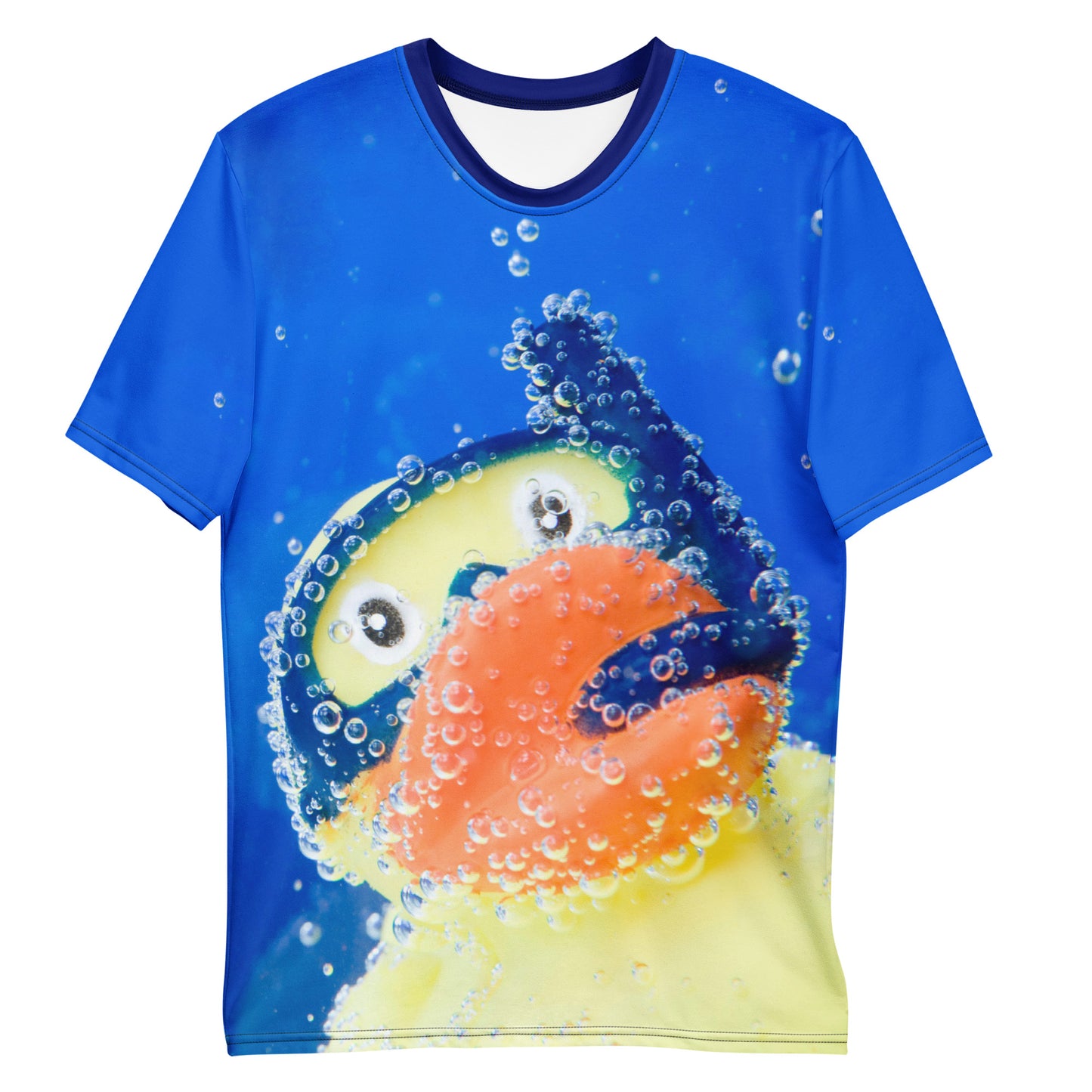 All over print Rubber Duck Snorkelling Underwater mens T-shirt, laid flat, front.