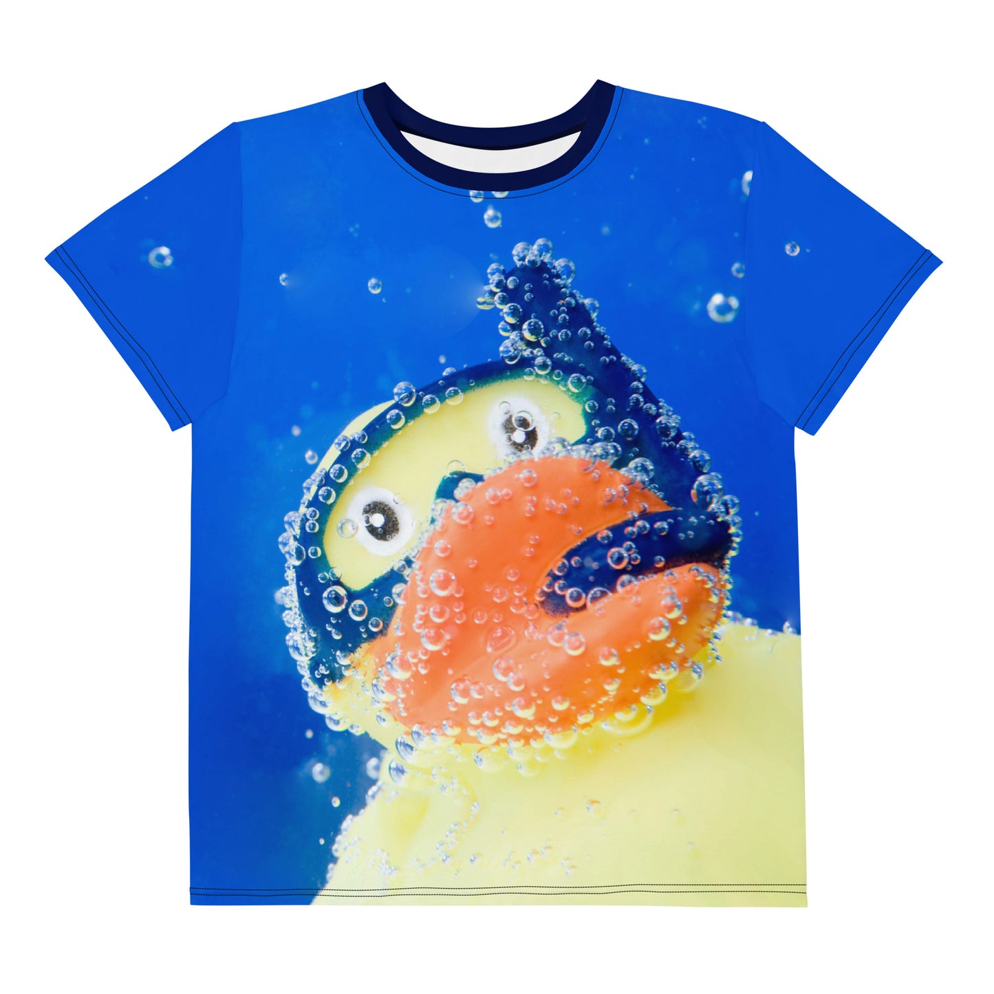 All over print Rubber Duck Snorkelling Underwater T-shirt, laid flat, front.