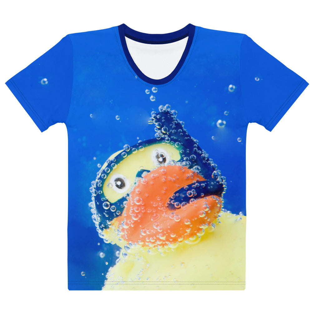 All over print Rubber Duck Snorkelling Underwater T-shirt, laid flat, front.