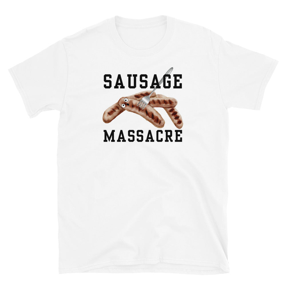 White funny sausage massacre T-shirt with a fork through a shocked sausage.