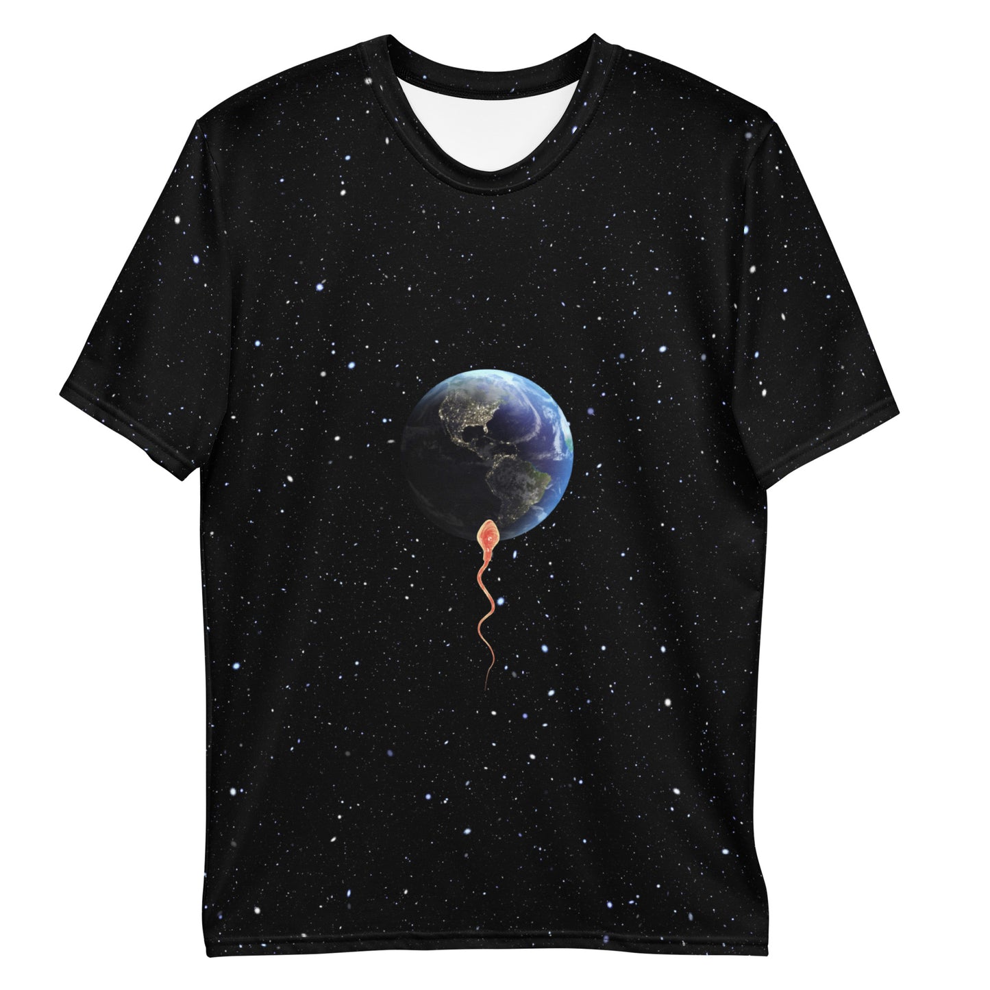 Save the planet - sperm trying to penetrate planet earth T-shirt, laid flat, front view.