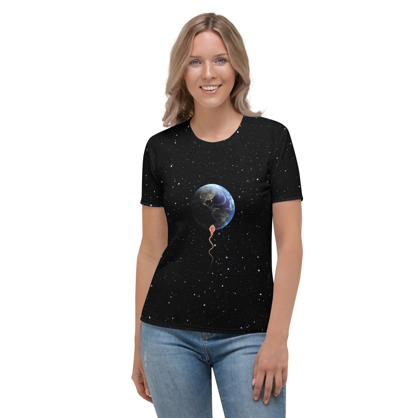 Young woman wearing a Save the Planet All Over Print T-shirt with a sperm trying to penetrate Planet Earth, facing forward.