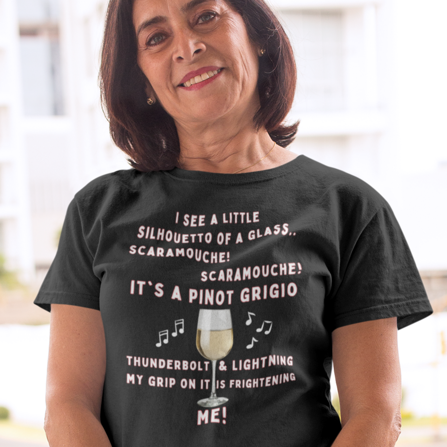 Happy Middle aged lady wearing a Funny Black Bohemian Rhapsody Spoof T-shirt about Wine