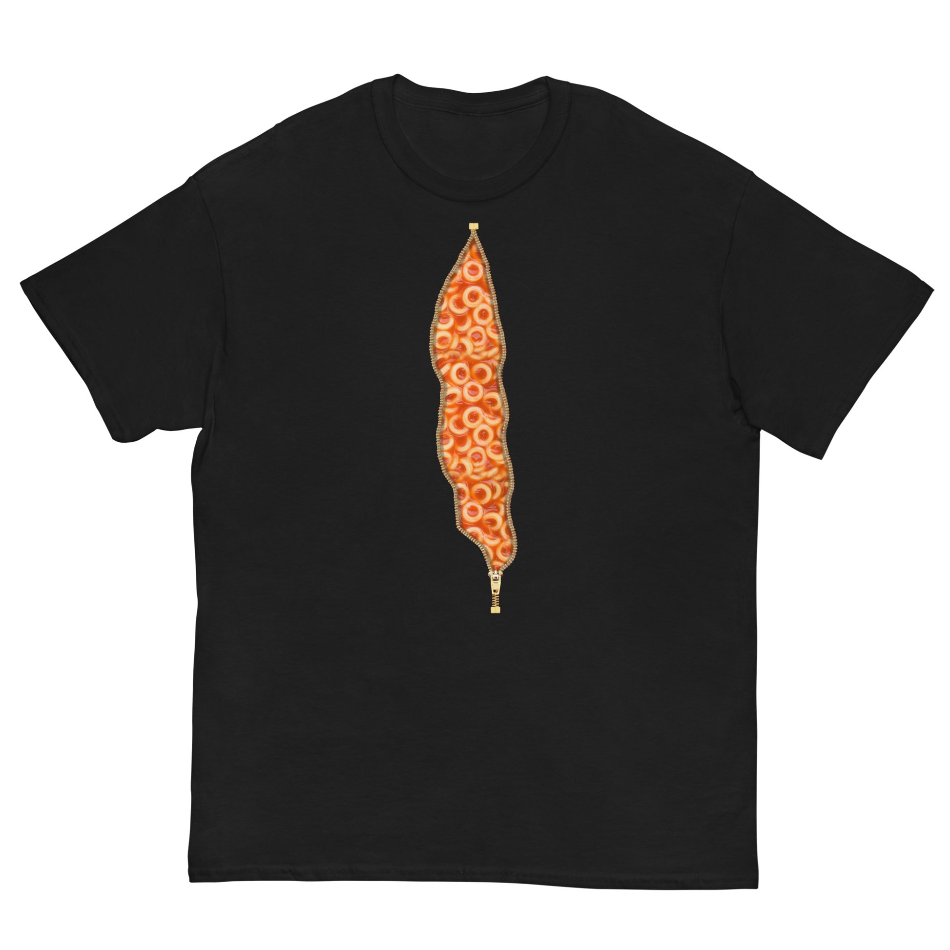 Black unisex crew neck T-shirt with an open zipper print with spaghetti o's inside.