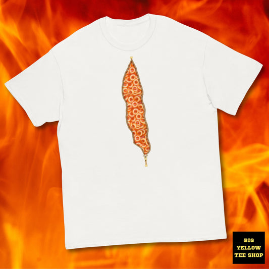 Spaghetti Hoops, Spaghetti O's, Spaghetti Rings T-shirt, with an open zipper print revealing Spaghetti inside.