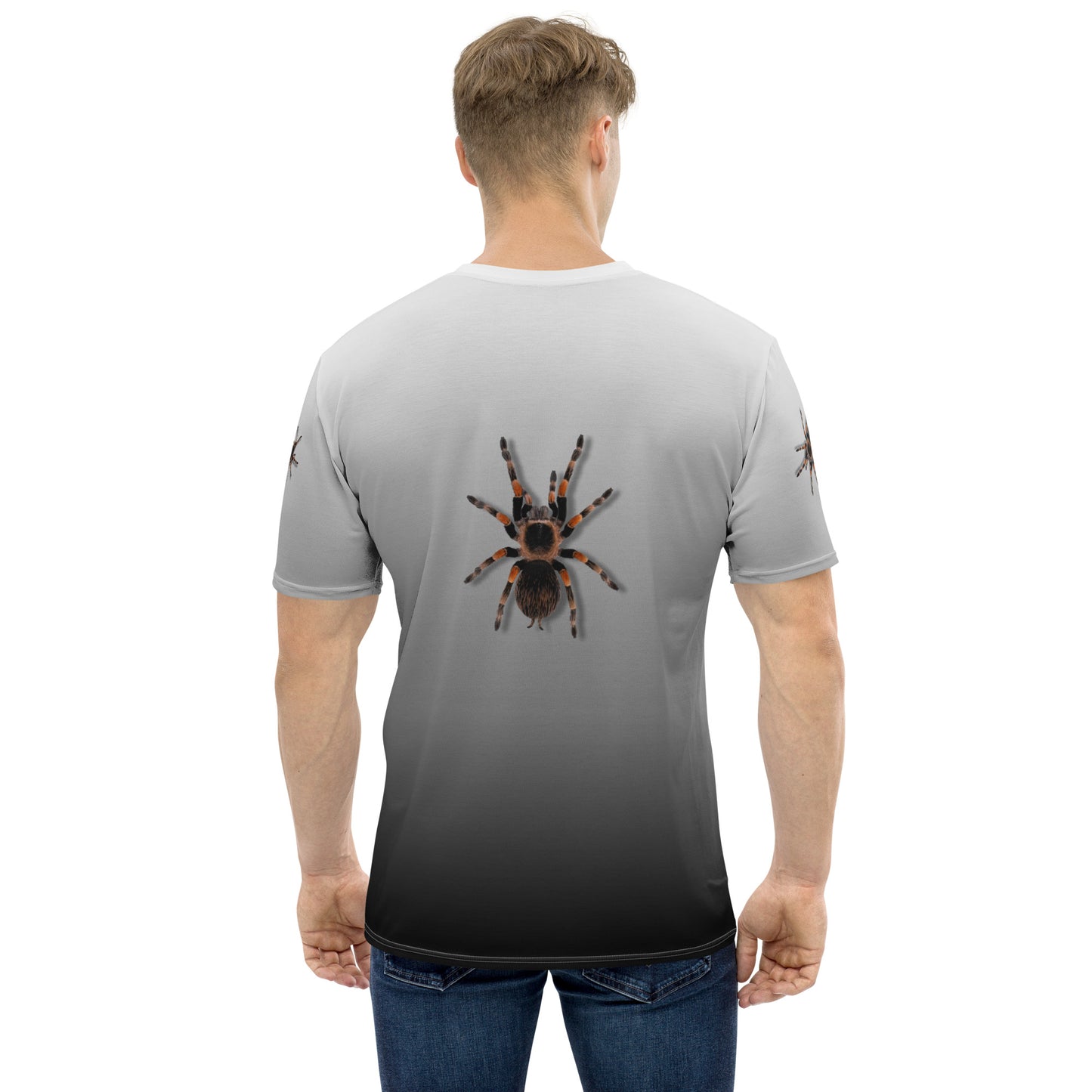 Men's 3D Tarantula spiders all over print T-shirt, with realistic tarantulas on both arms, front and back of shirt. Shirt colour is monochrome gradient. Male model rear view