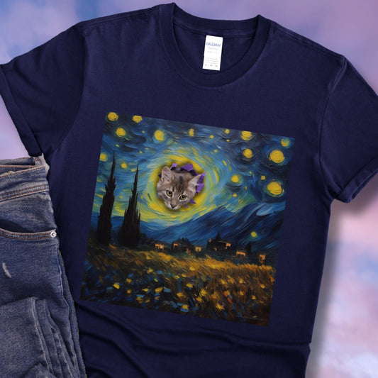 Funny Starry Night Cat Gate Crasher T-shirt, navy