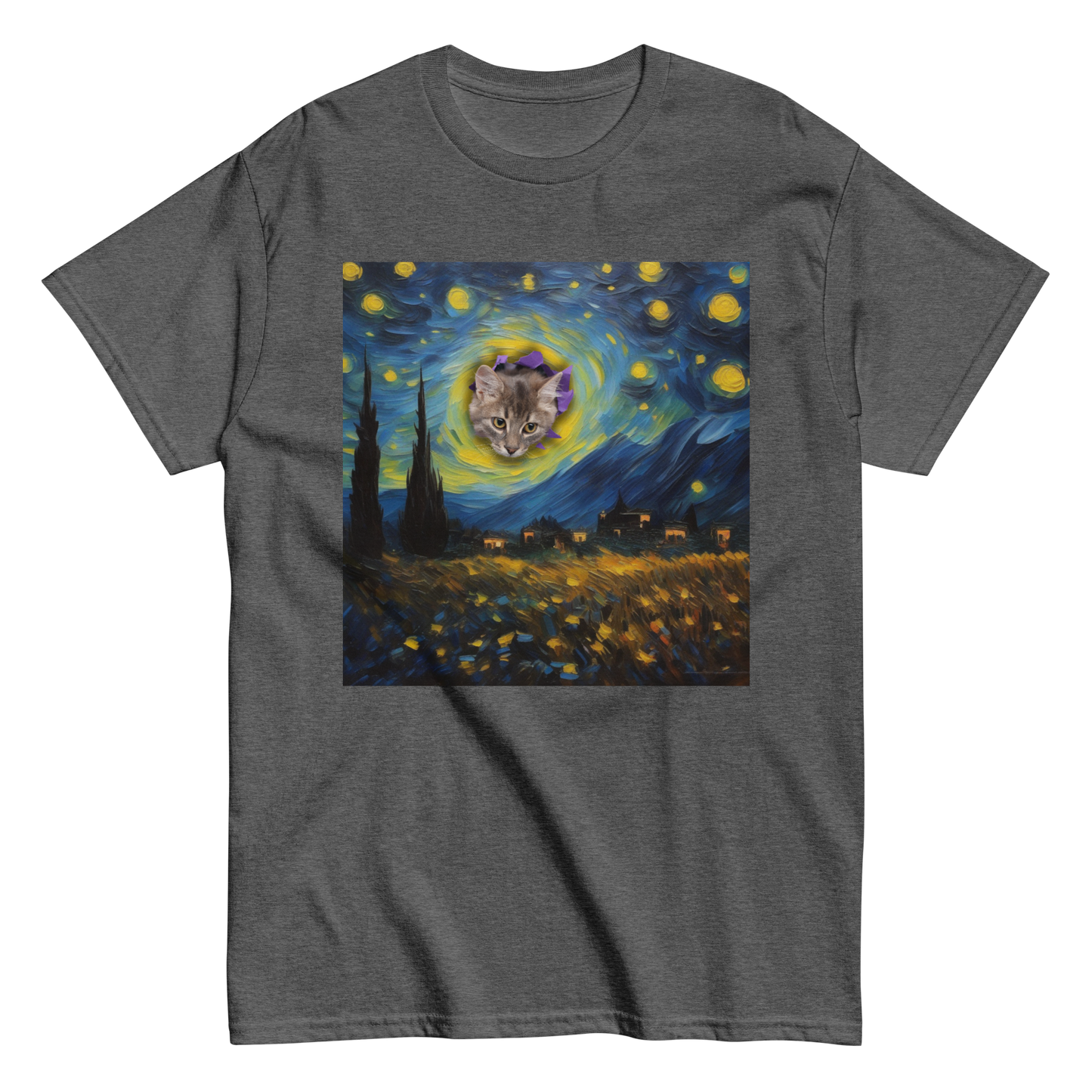 Funny Van Gogh Starry Night Cat T-shirt, grey
