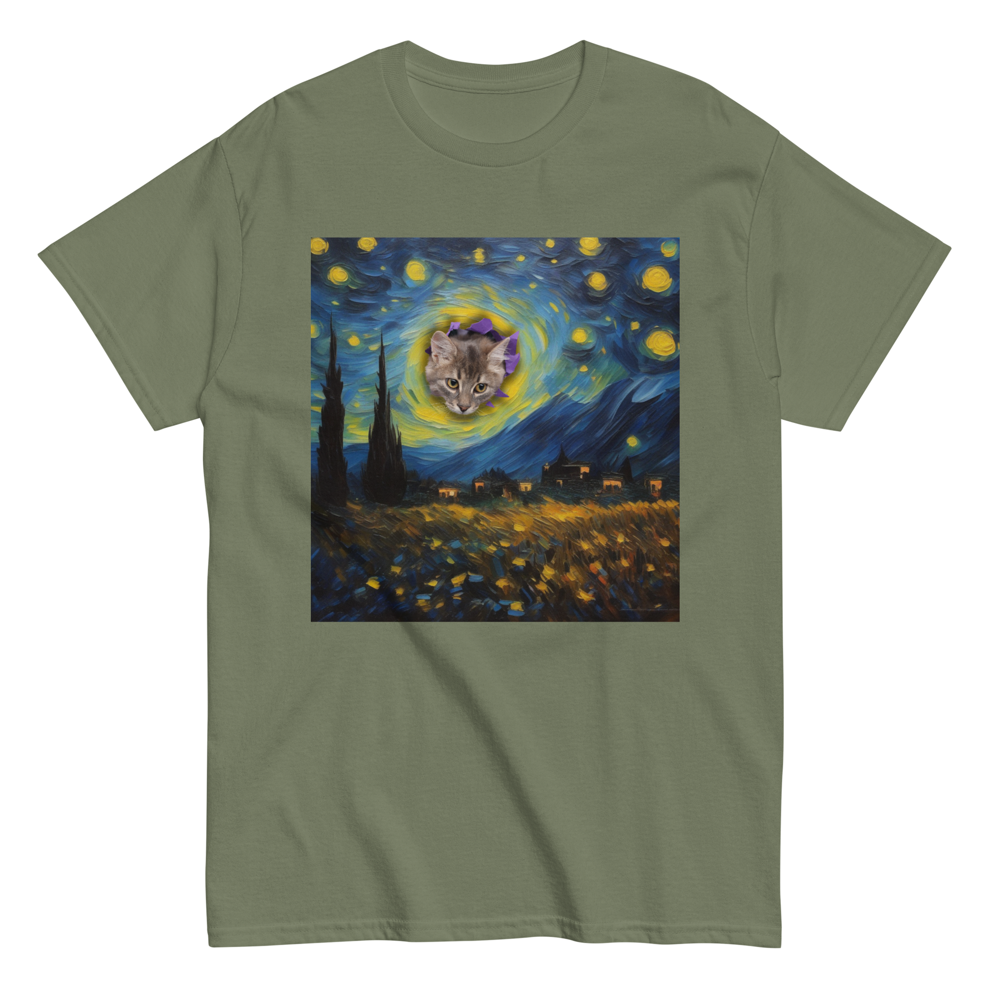 Funny Van Gogh Starry Night Cat T-shirt, green