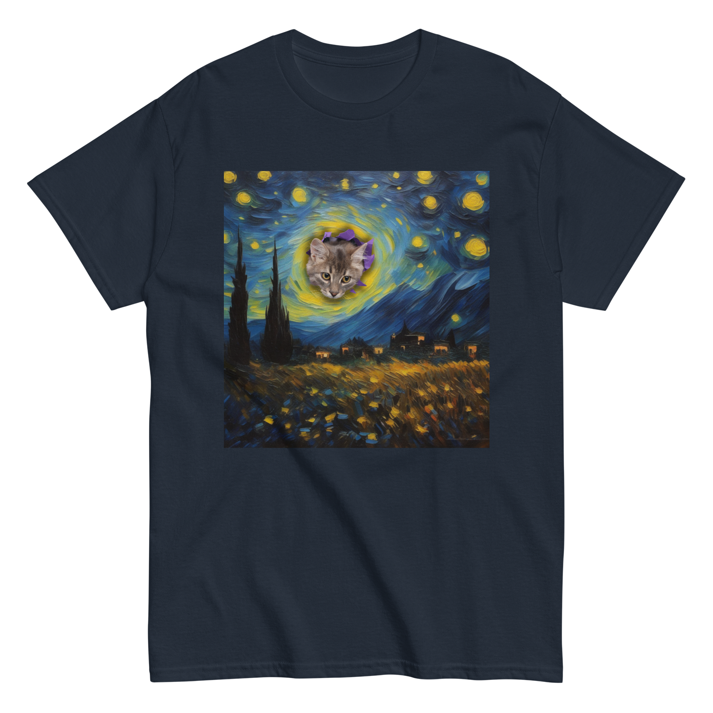 Funny Van Gogh Starry Night Cat T-shirt, navy