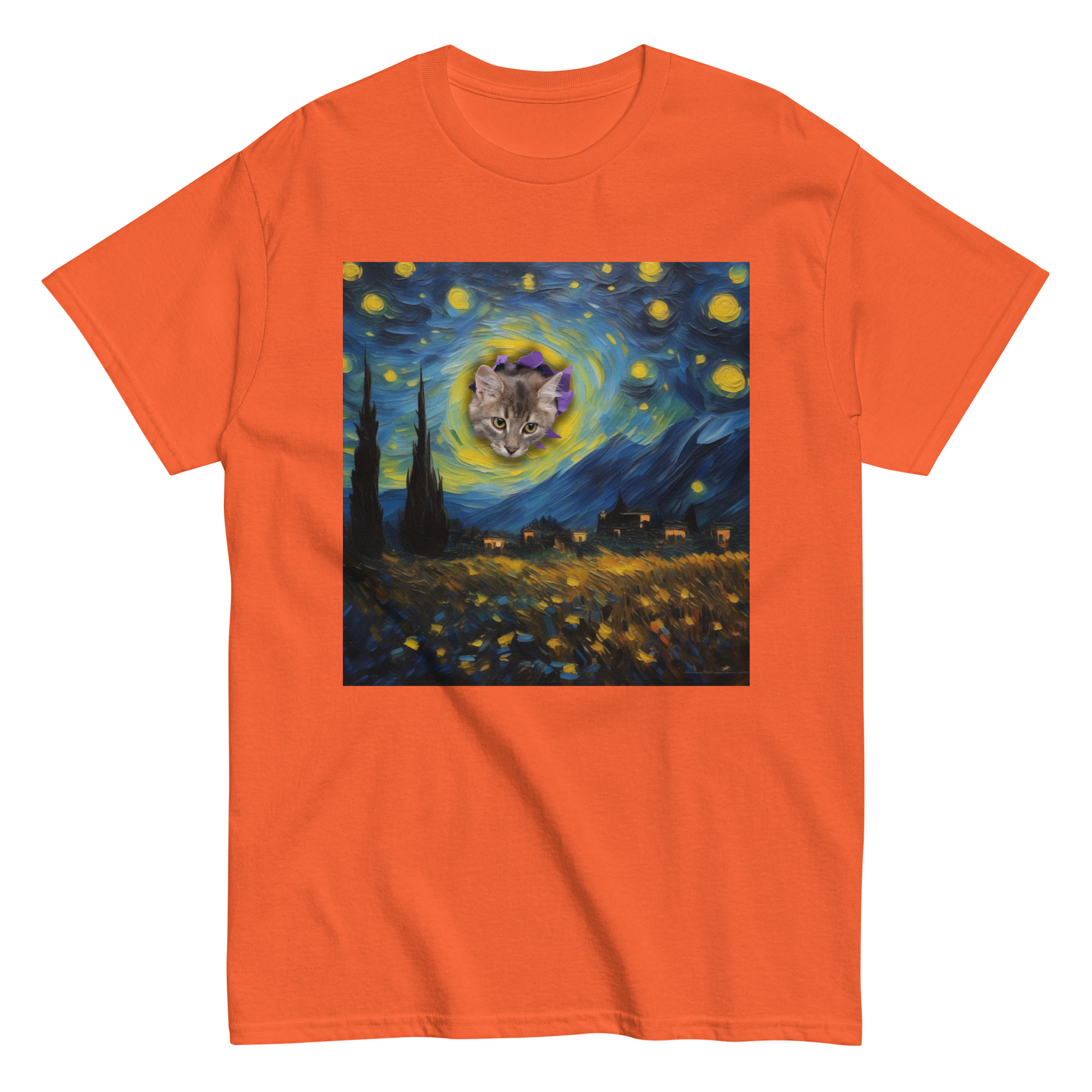 Funny Van Gogh Starry Night Cat T-shirt, orange