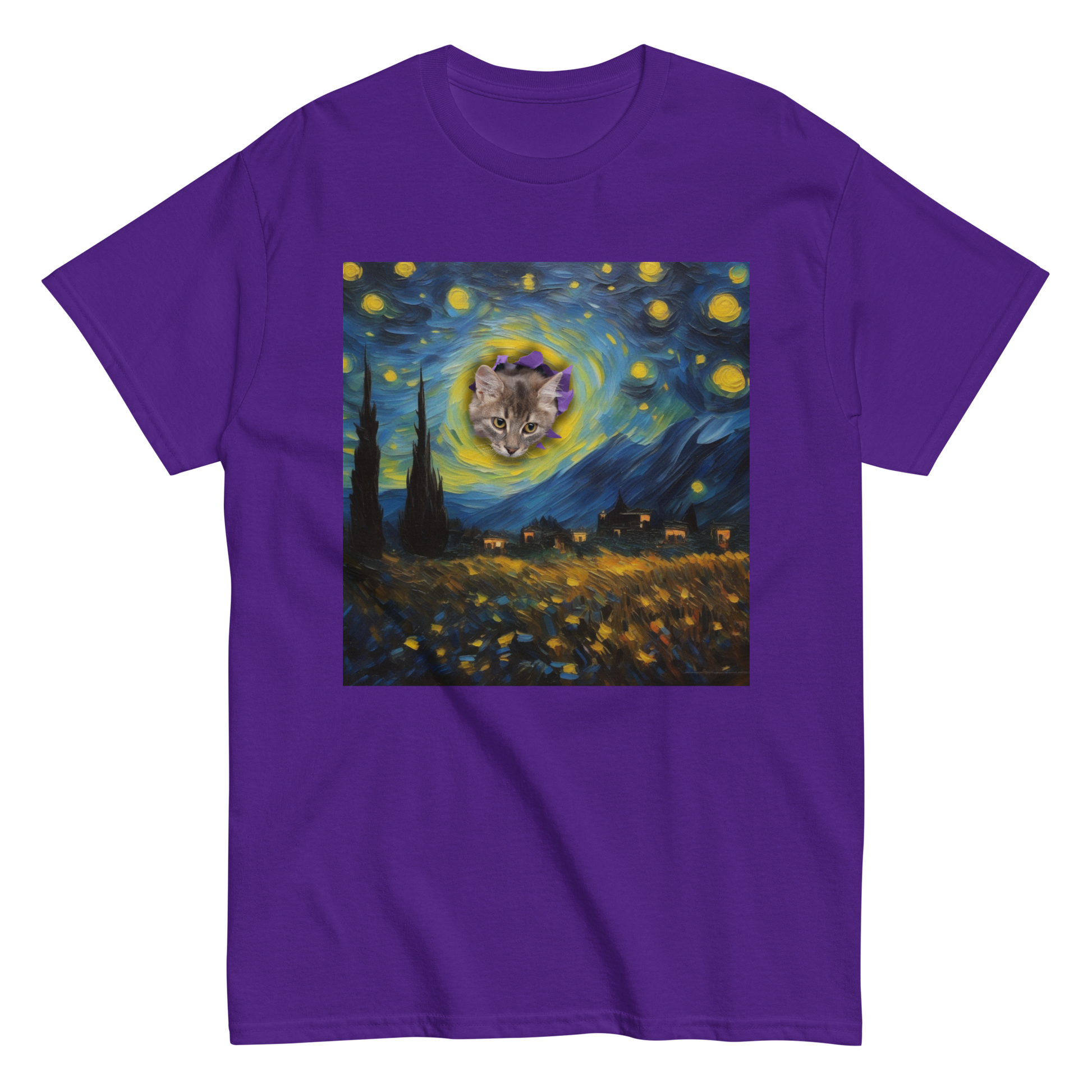 Funny Van Gogh Starry Night Cat T-shirt, purple