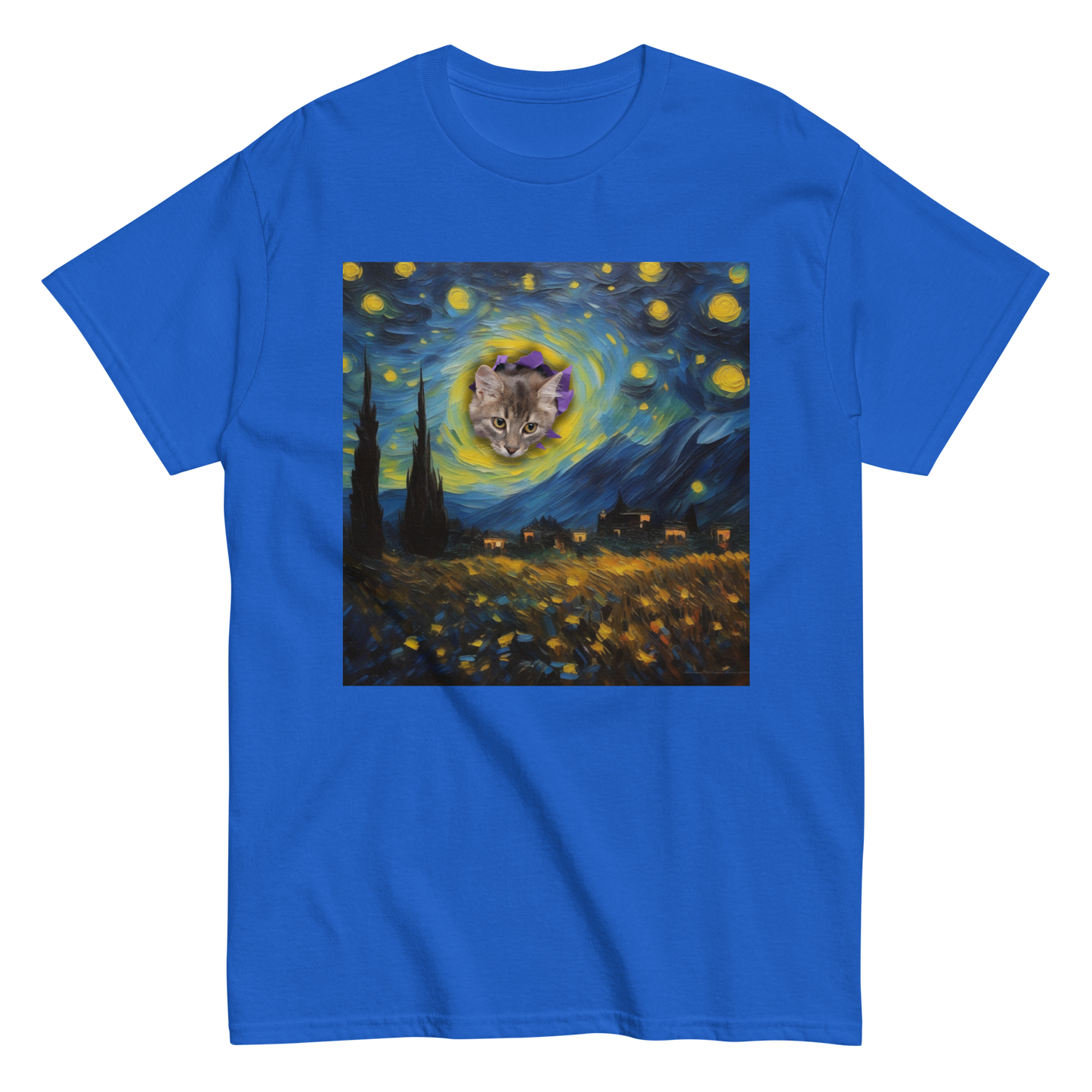 Funny Van Gogh Starry Night Cat T-shirt, blue