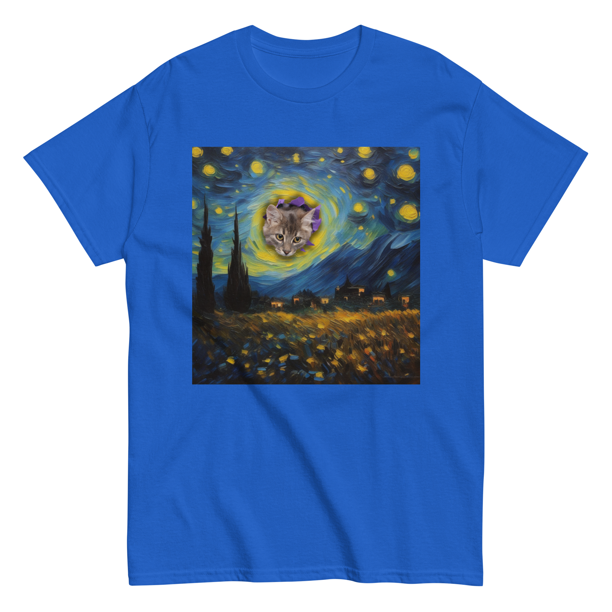 Funny Van Gogh Starry Night Cat T-shirt, blue