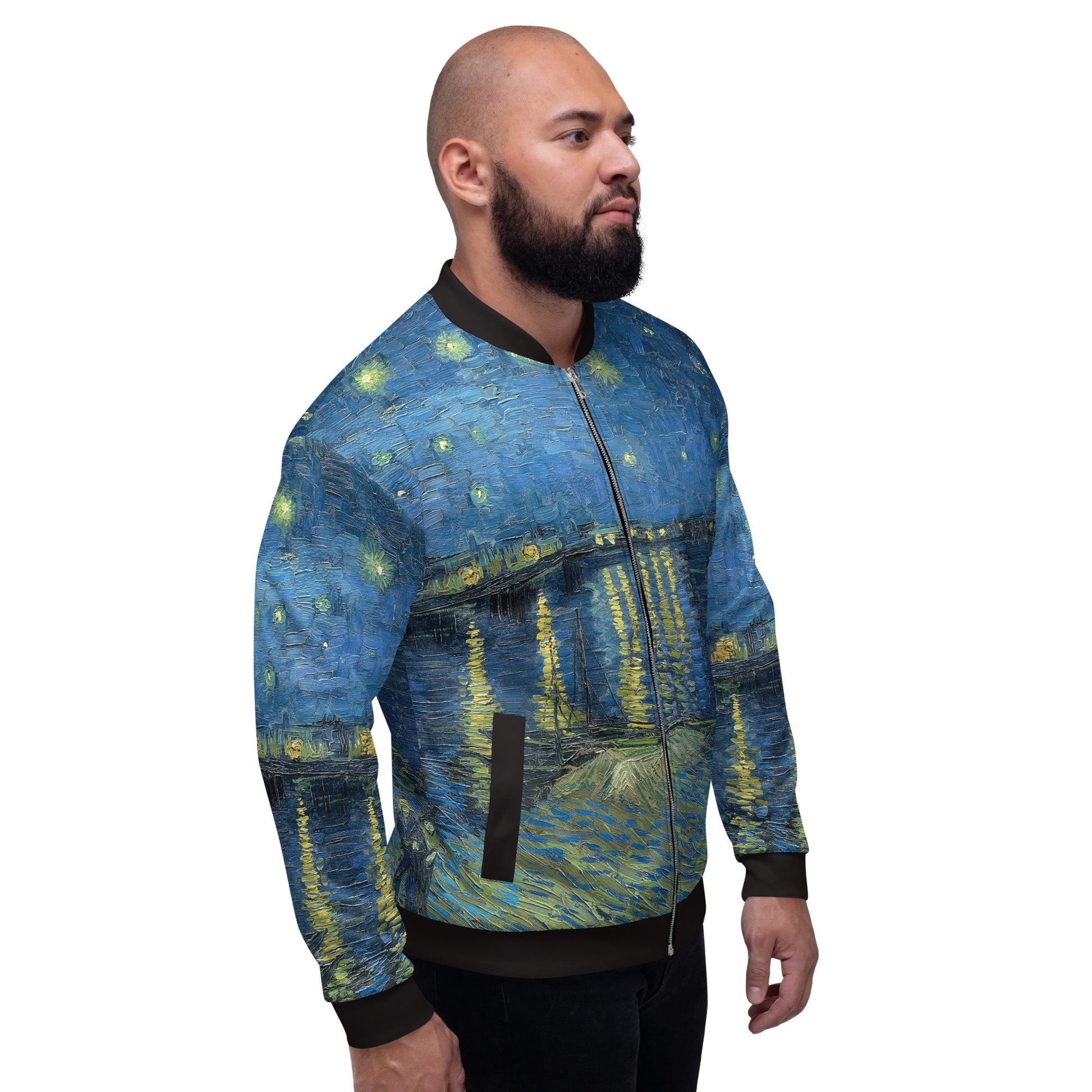 All over printed lightweight bomber style jacket in Van Gogh's Starry Night Over the Rhone design. Male model right side view.