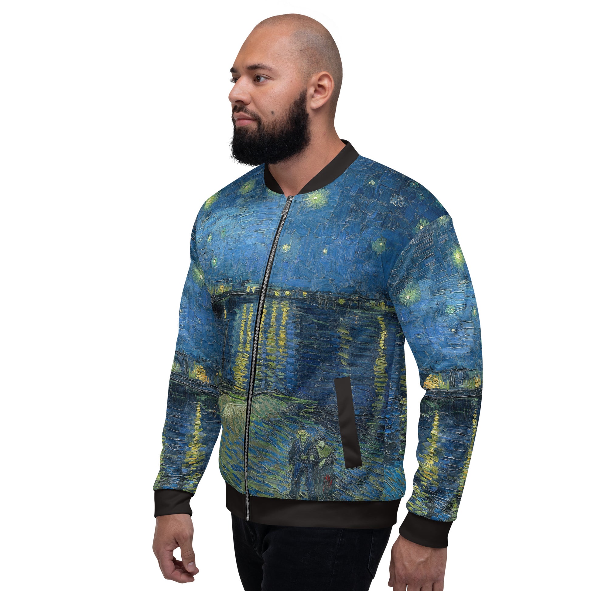 All over printed lightweight bomber style jacket in Van Gogh's Starry Night Over the Rhone design. Male model left side view.