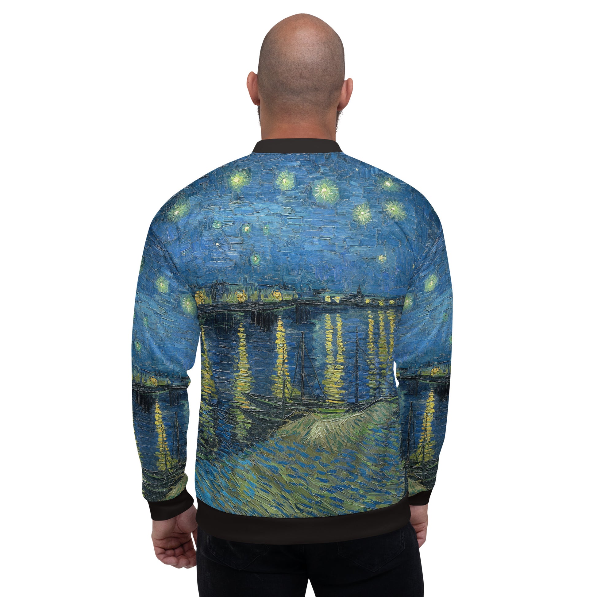 All over printed lightweight bomber style jacket in Van Gogh's Starry Night Over the Rhone design. Male model back view.