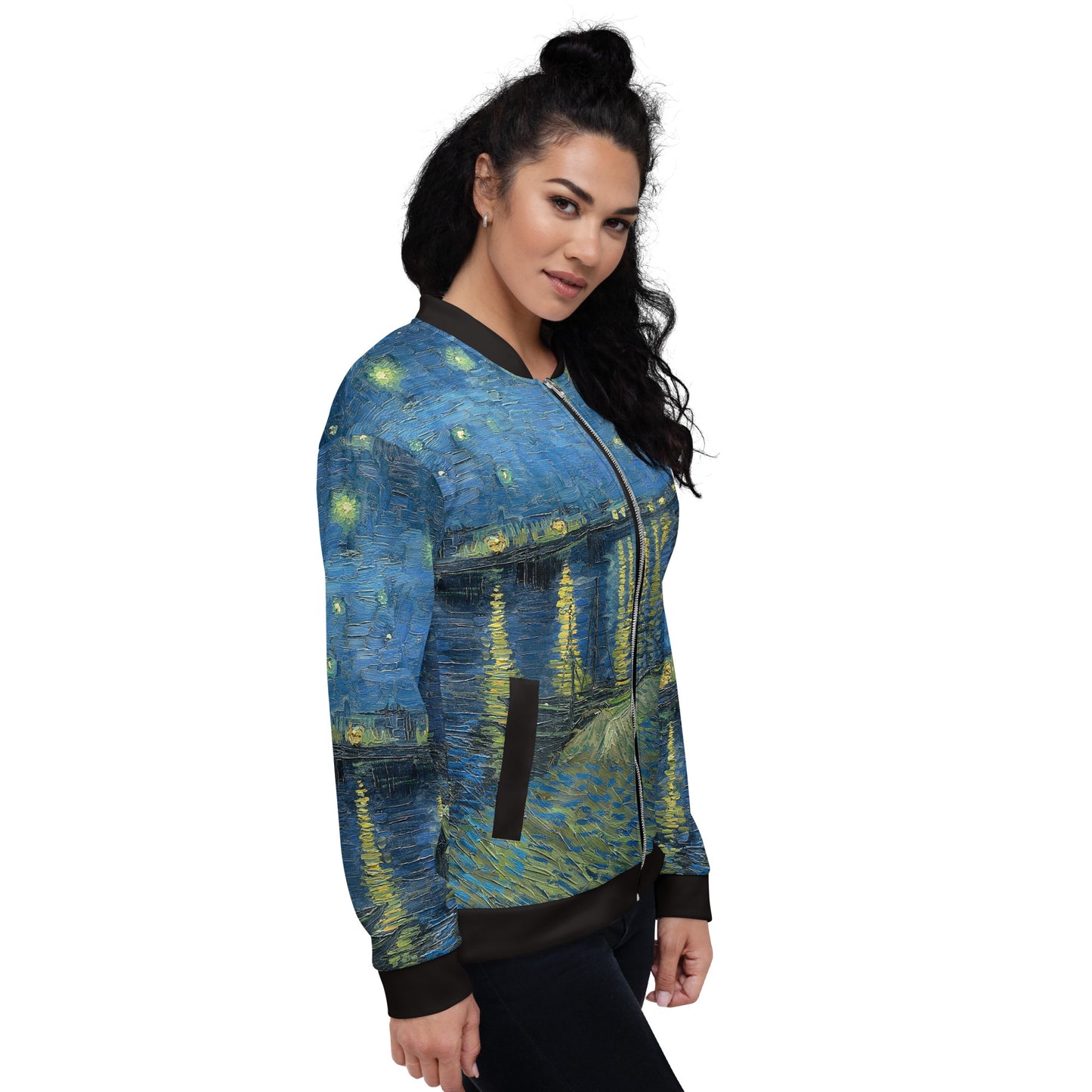 All over printed lightweight bomber style jacket in Van Gogh's Starry Night Over the Rhone design. Female model right view.