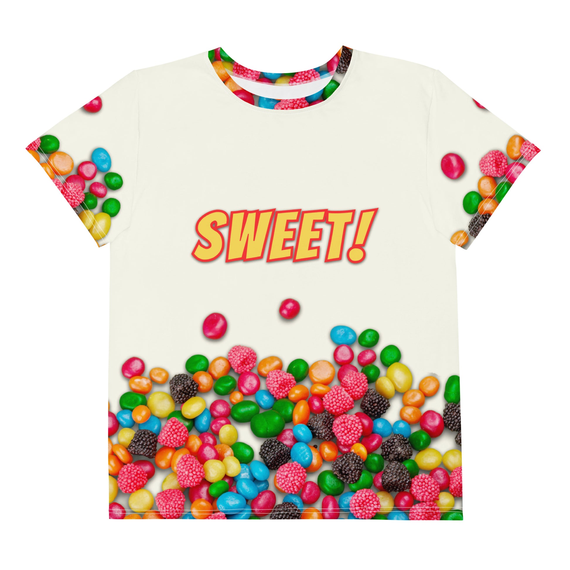 Sweet as candy sugar high all over print t-shirt, laid flat, front.