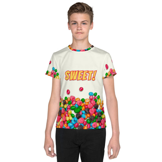 teenage boy wearing sweet as candy sugar high all over print t-shirt, facing forwards