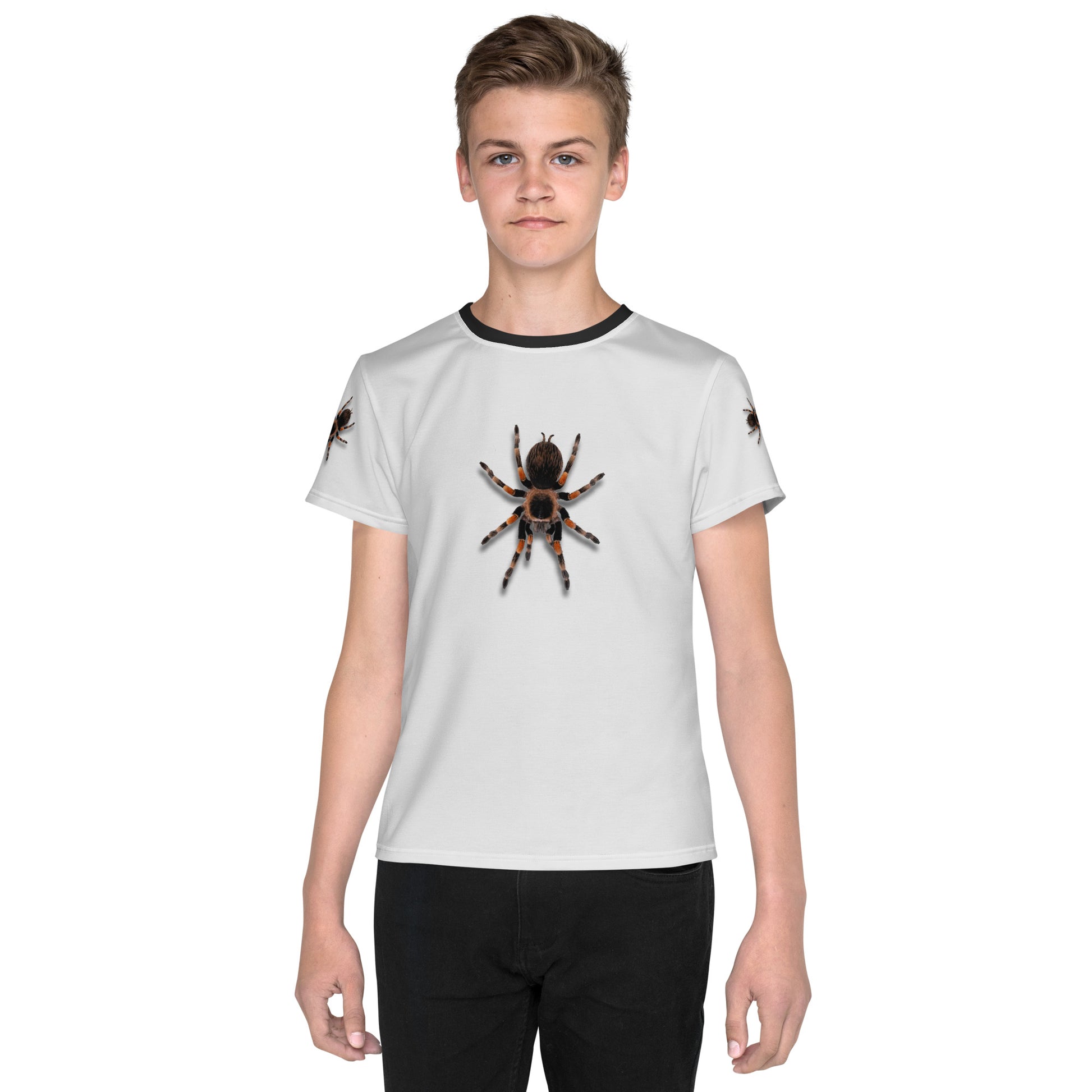 Teenage boy wearing a 3D Tarantula spider T-shirt, front view