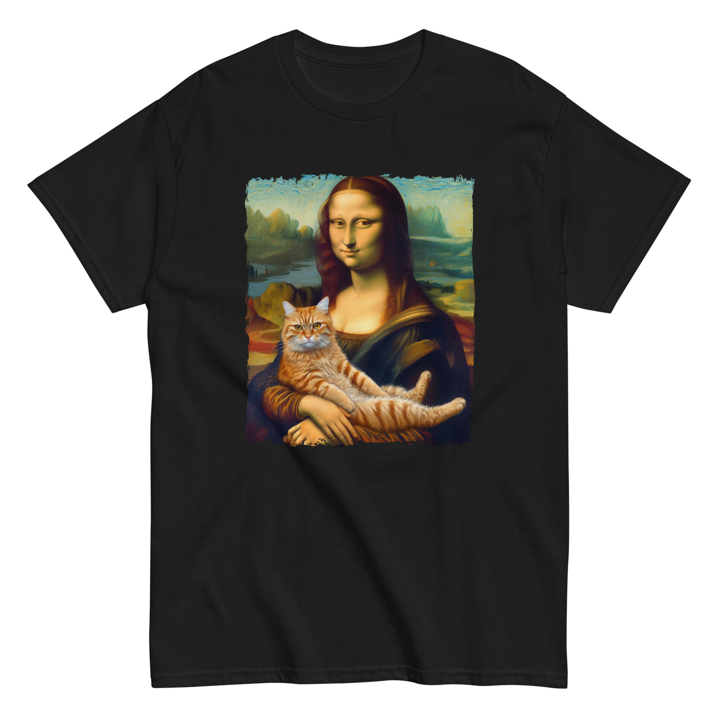 -Mona-Lisa-holding-a-ginger-cat-Tee-shirt-black.