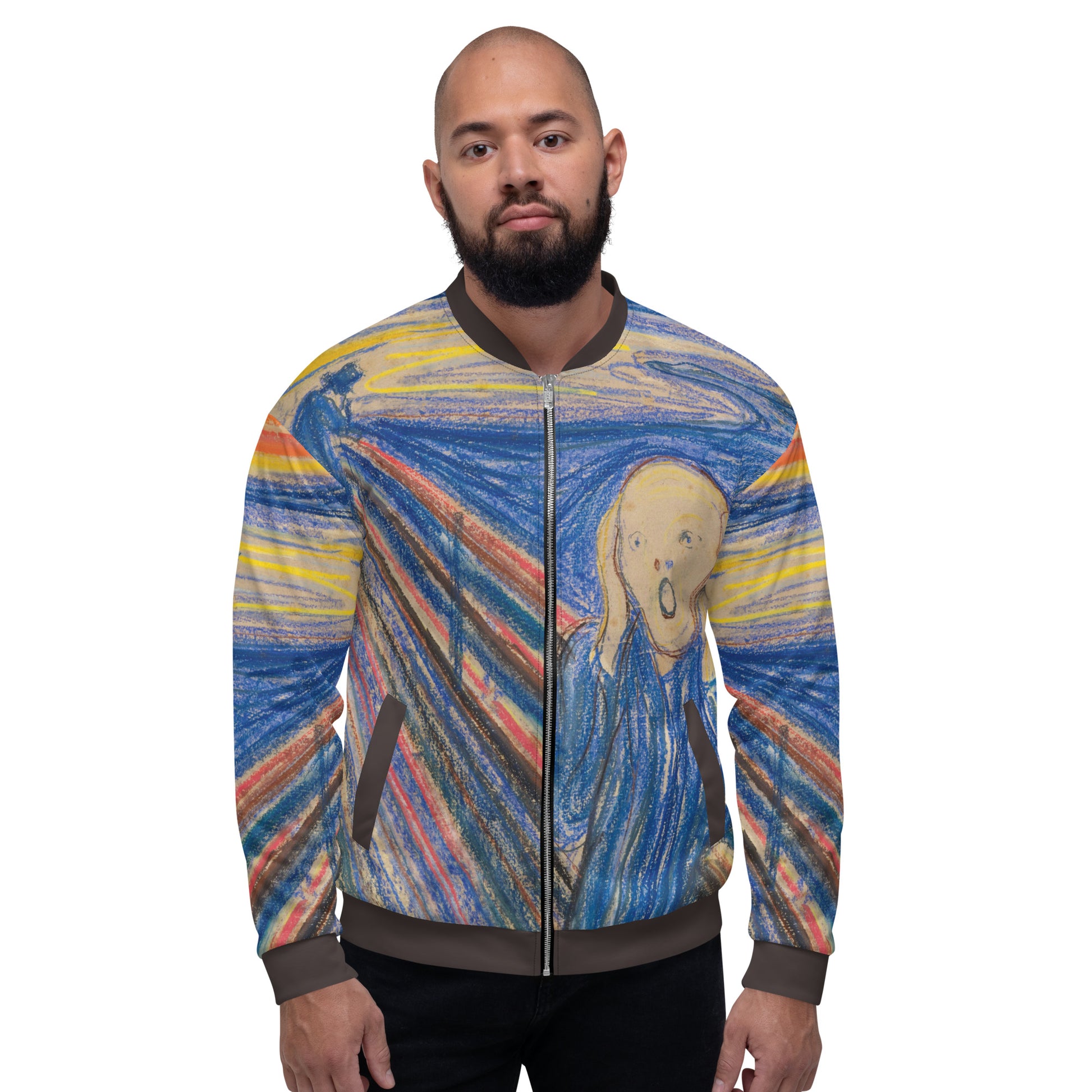 Lightweight bomber style jacket printed all over with Edvard Munch's The Scream. Male model, front.