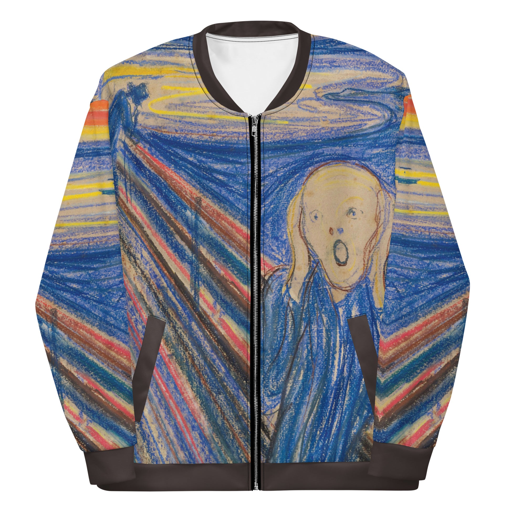 Lightweight bomber style jacket printed all over with Edvard Munch's The Scream.