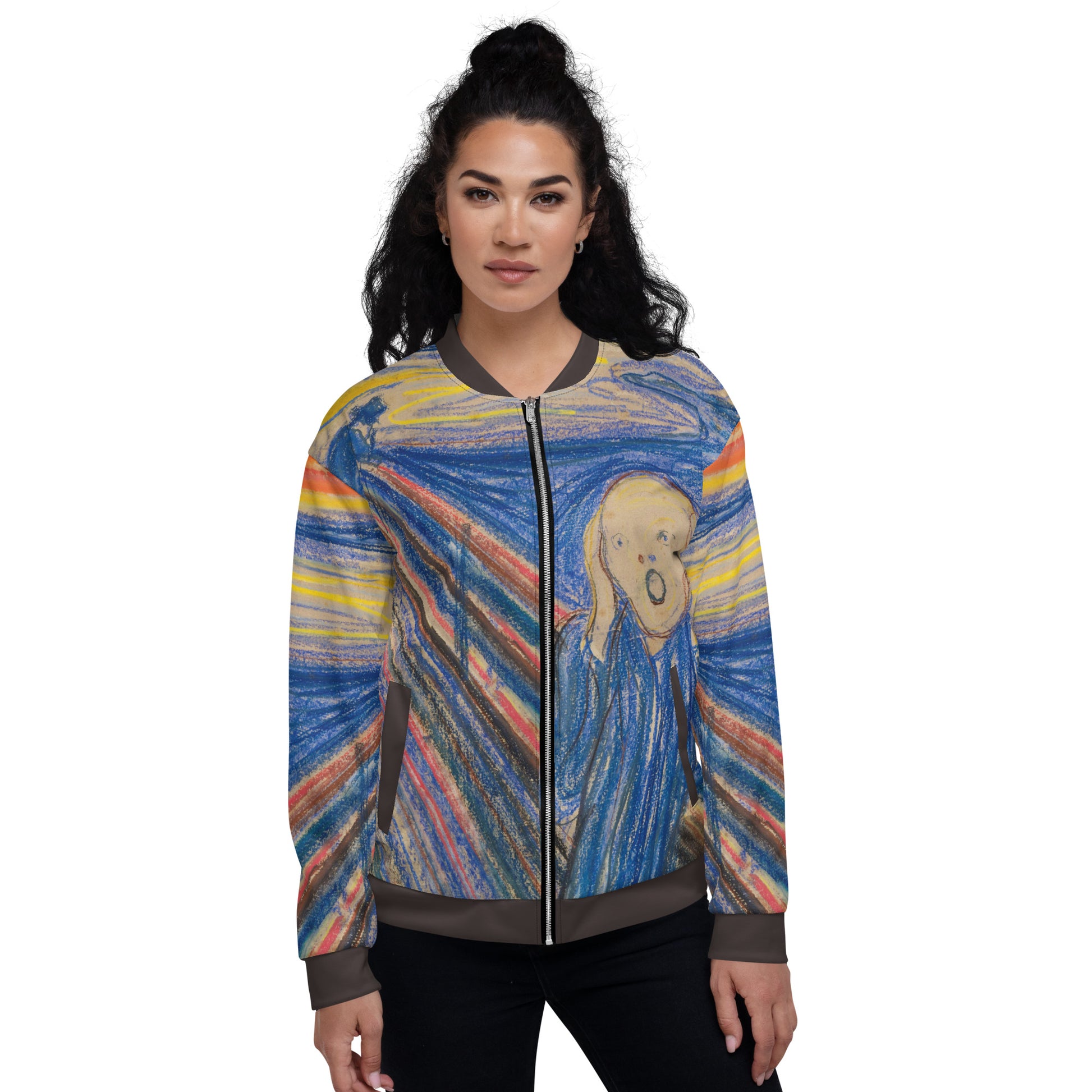 Lightweight bomber style jacket printed all over with Edvard Munch's The Scream. Female model, front.