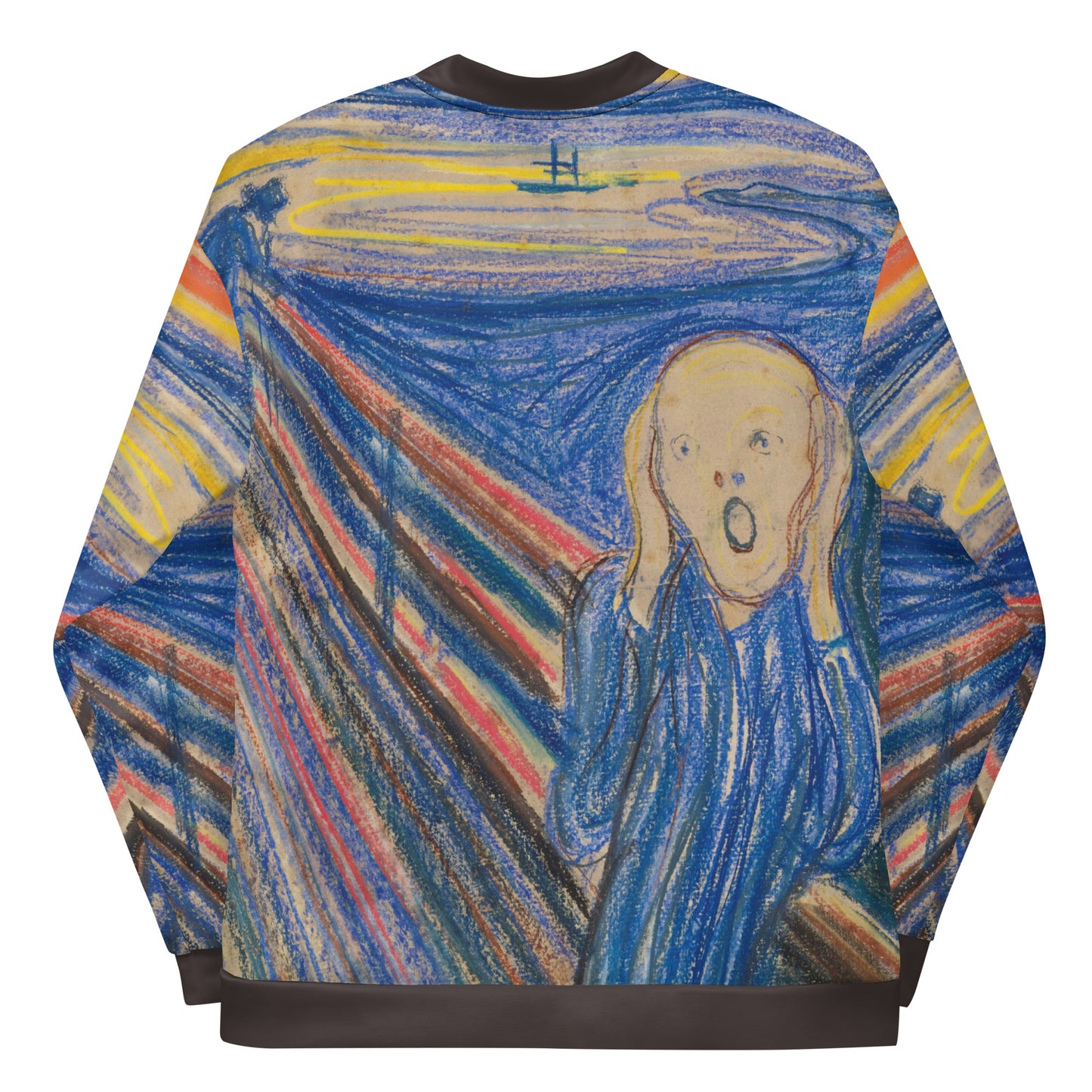 Lightweight bomber style jacket printed all over with Edvard Munch's The Scream. Back view.