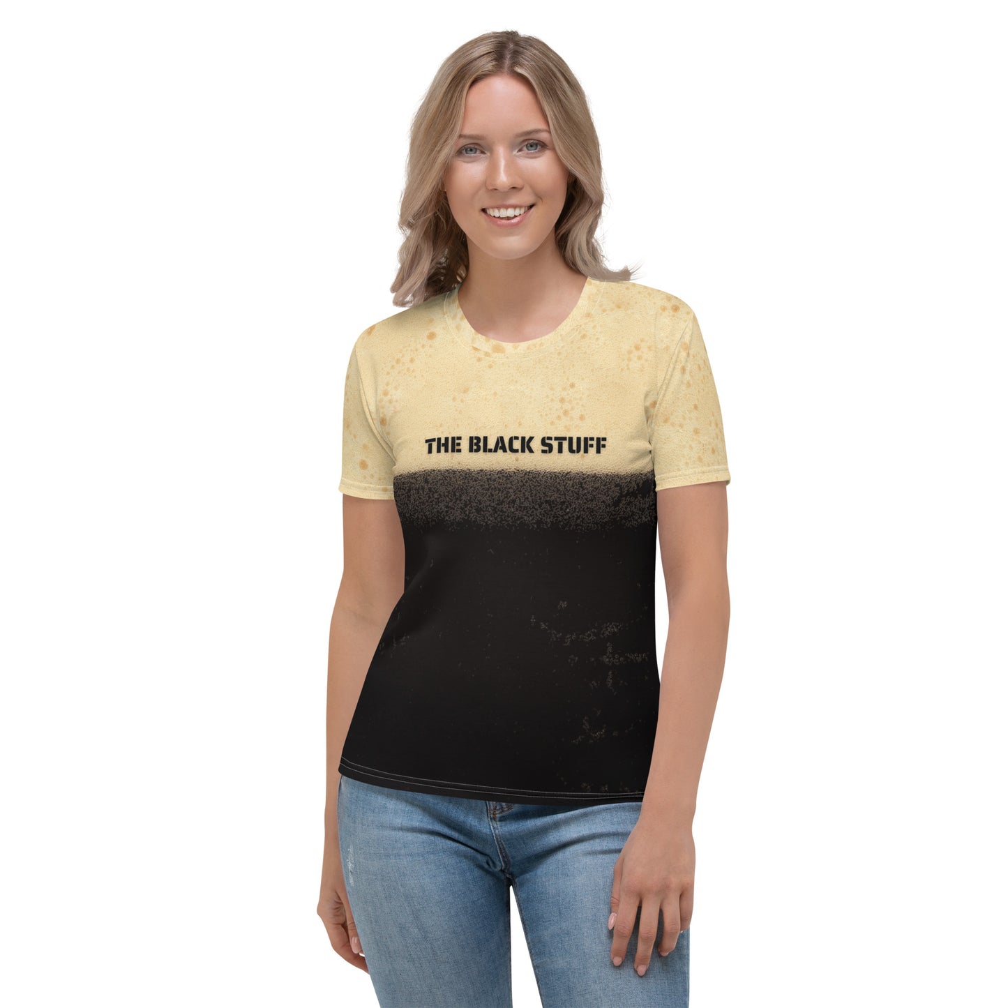 The black stuff Irish stout bubbles all over print women's T-shirt female model front