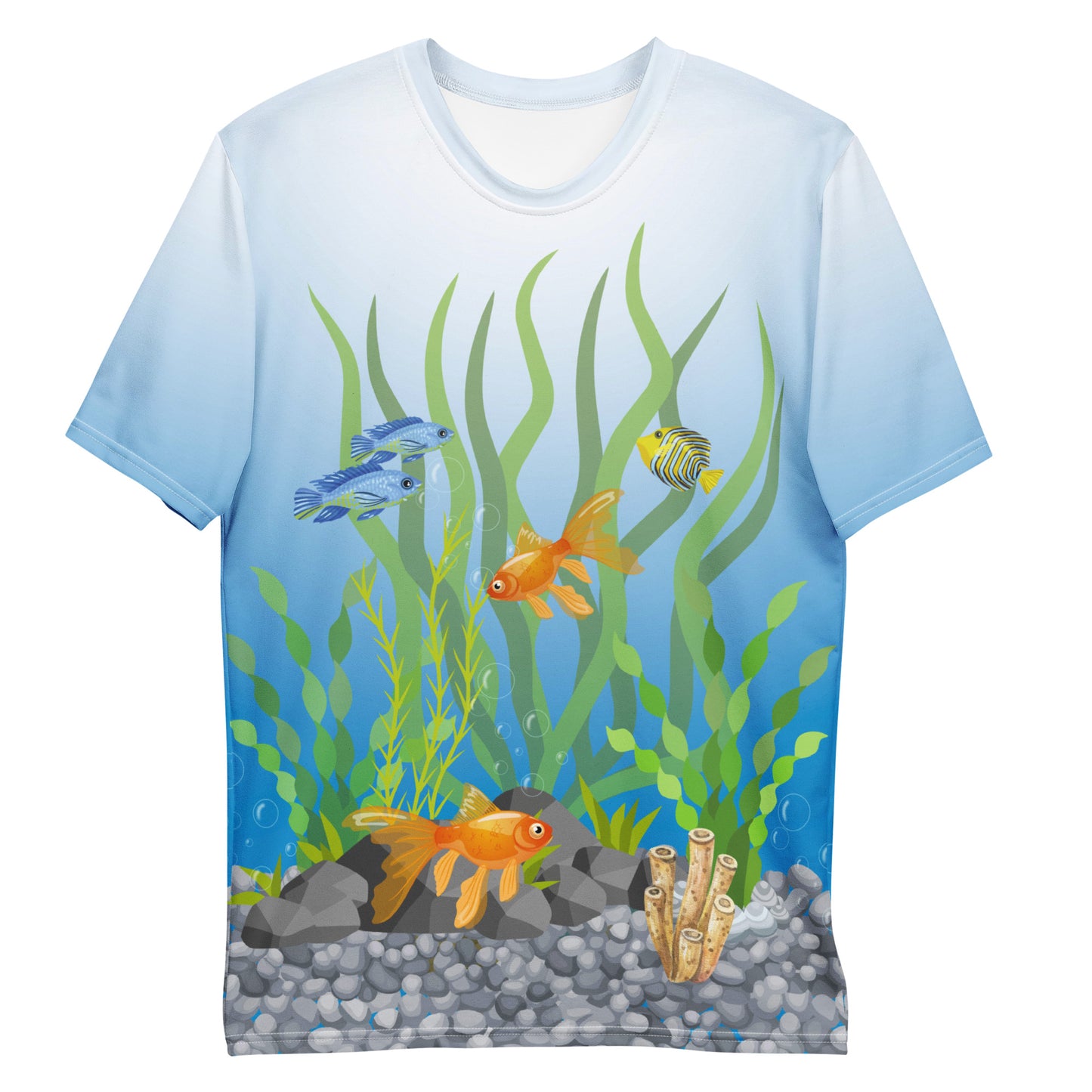 Tropical fish aquarium scene all over print men's novelty T-shirt, laid flat, front view.