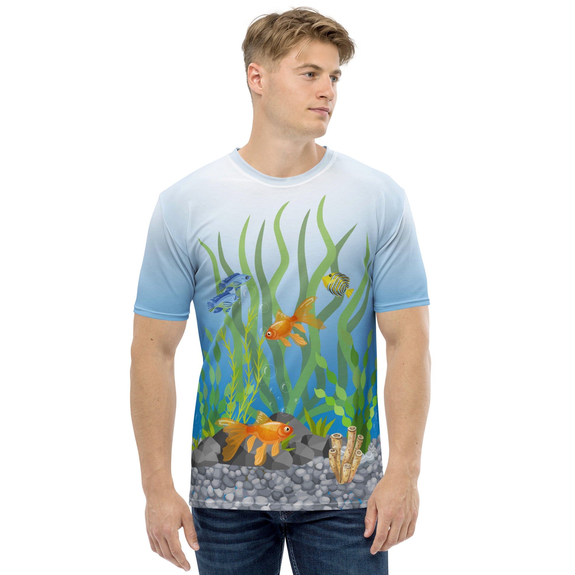 Male model facing camera wearing a Tropical fish aquarium scene all over print men's novelty T-shirt