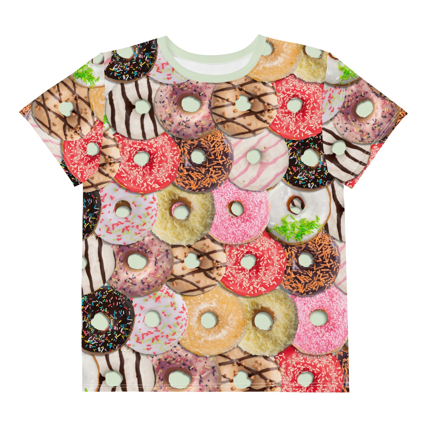 Colourful iced doughnuts all over print T-shirt, laid flat, front.