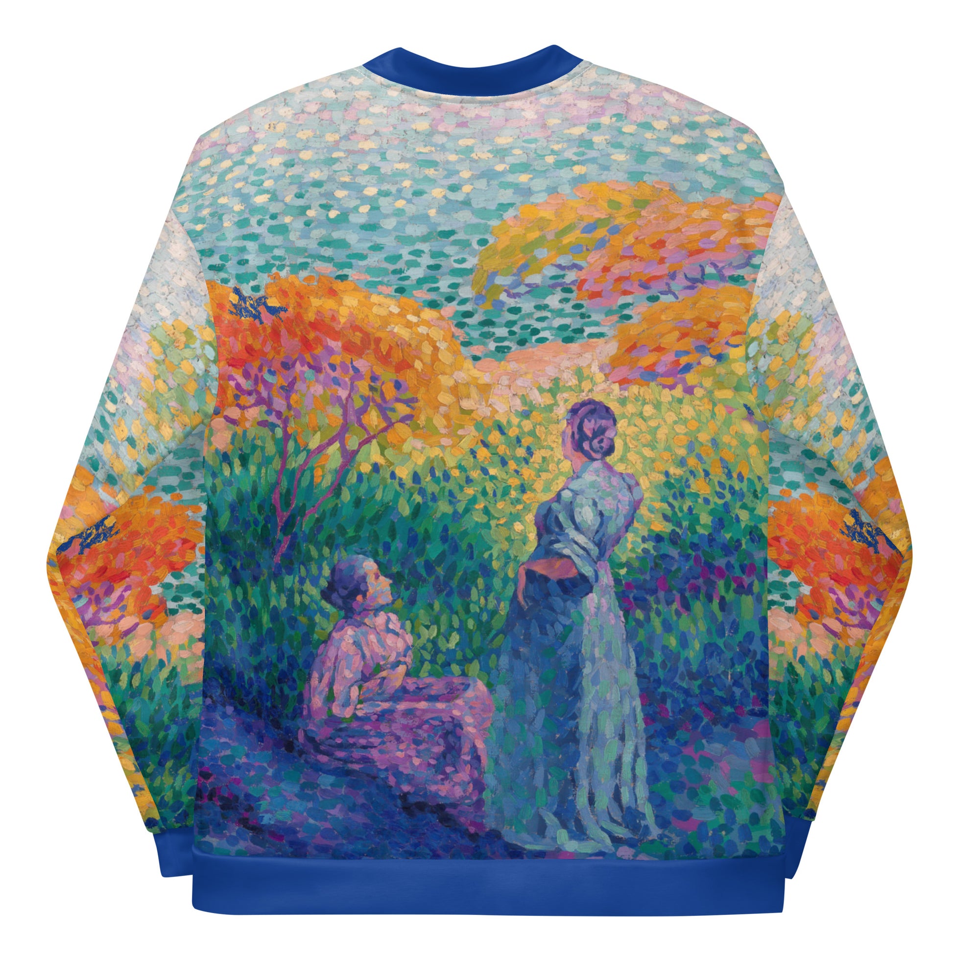 Unisex lightweight all over print bomber jacket featuring Henri Edmond Cross 'Two Women By The Shore'. Back of coat.