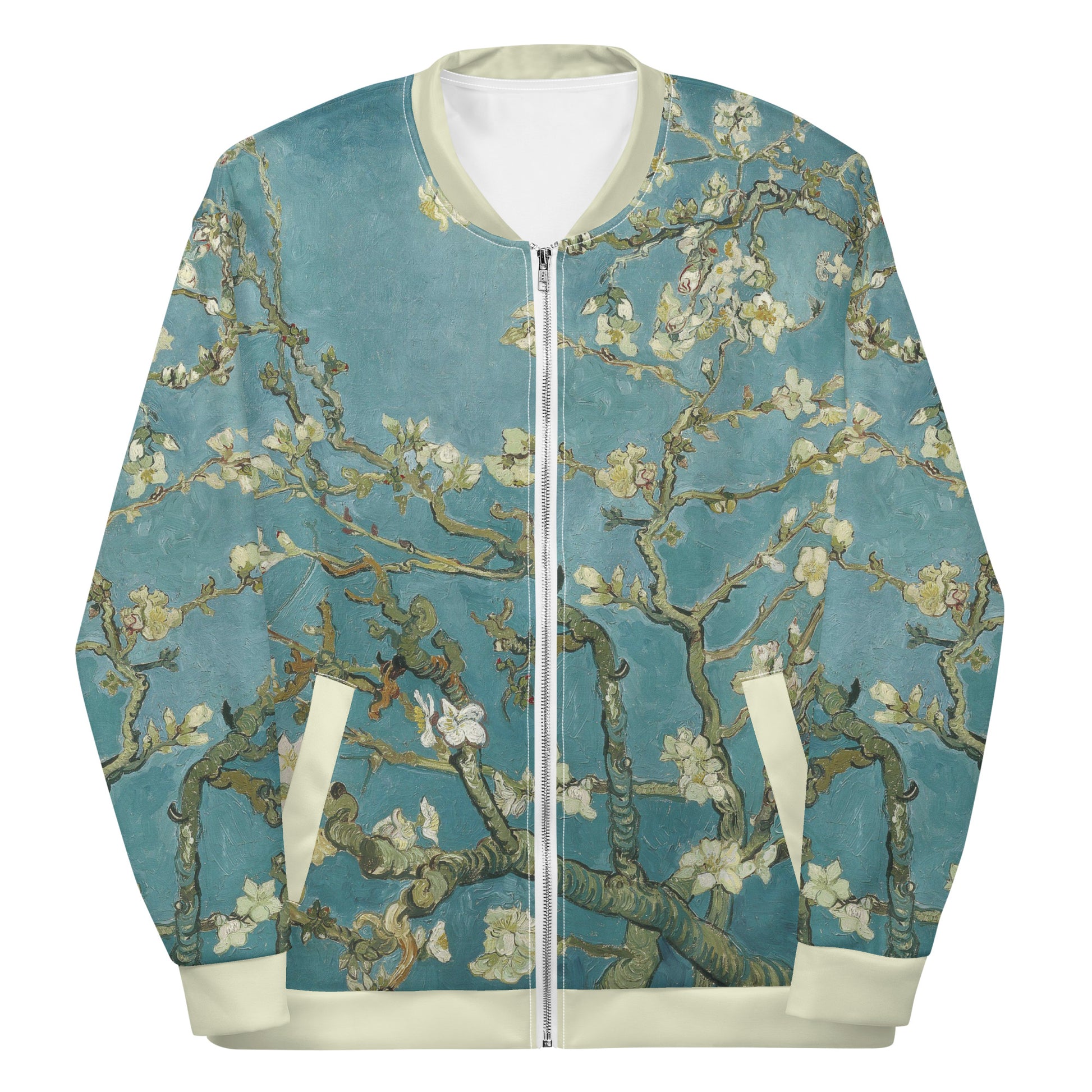 All over printed lightweight bomber style jacket featuring Vincent Van Gogh's Almond Blossom. Laid flat, front view.