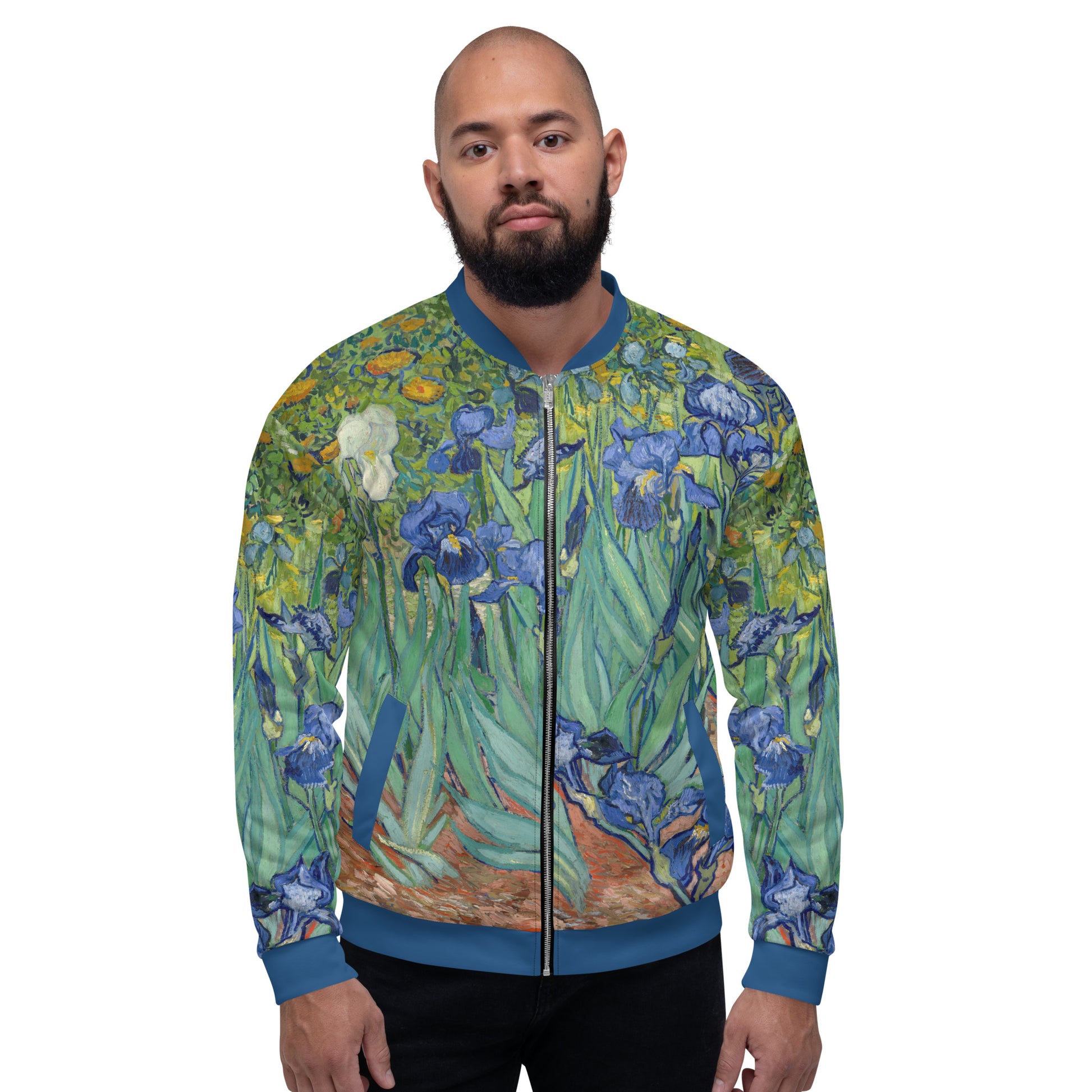 Lightweight bomber jacket with Vincent Van Gogh 'Irises' all over printed design. Male model front view.