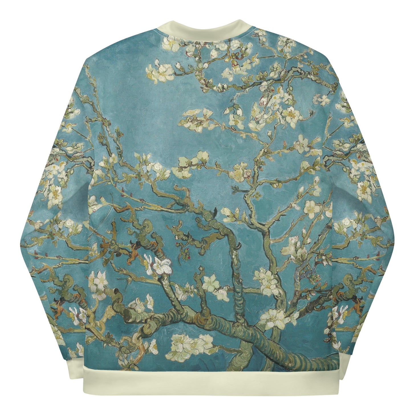 All over printed lightweight bomber style jacket featuring Vincent Van Gogh's Almond Blossom. Laid flat, back view.