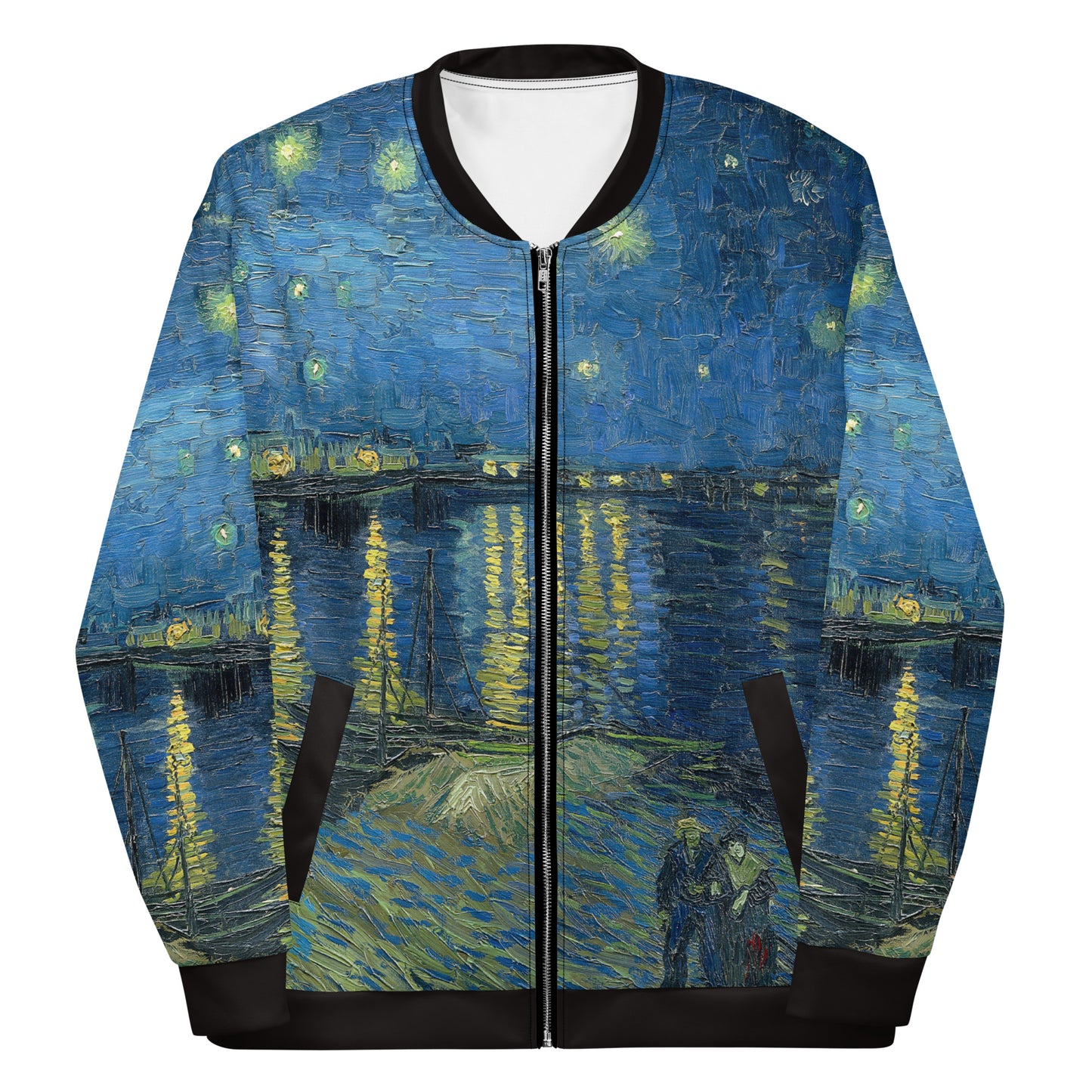 All over printed lightweight bomber style jacket in Van Gogh's Starry Night Over the Rhone design. front view laid flat.