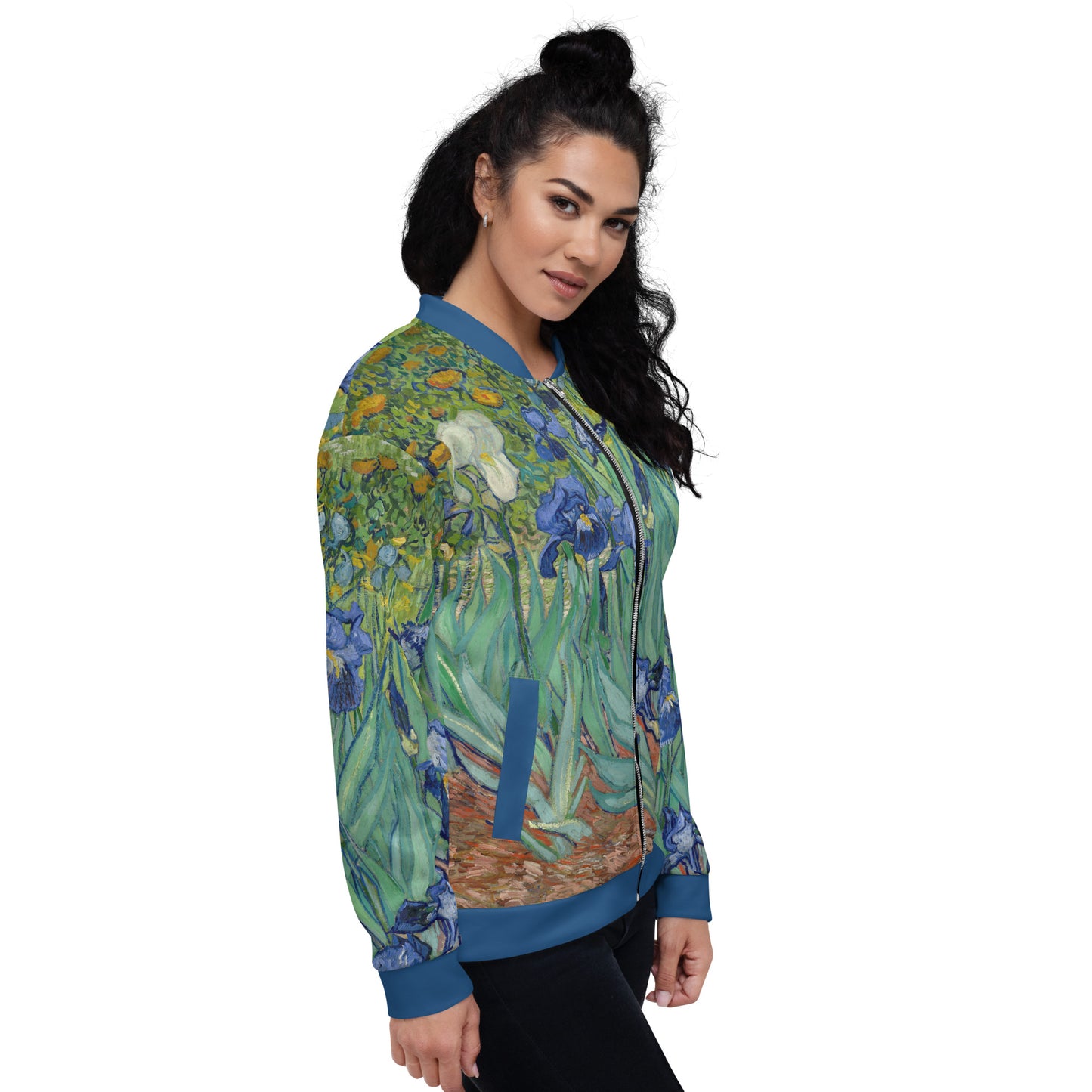 Lightweight bomber jacket with Vincent Van Gogh 'Irises' all over printed design. Female model.