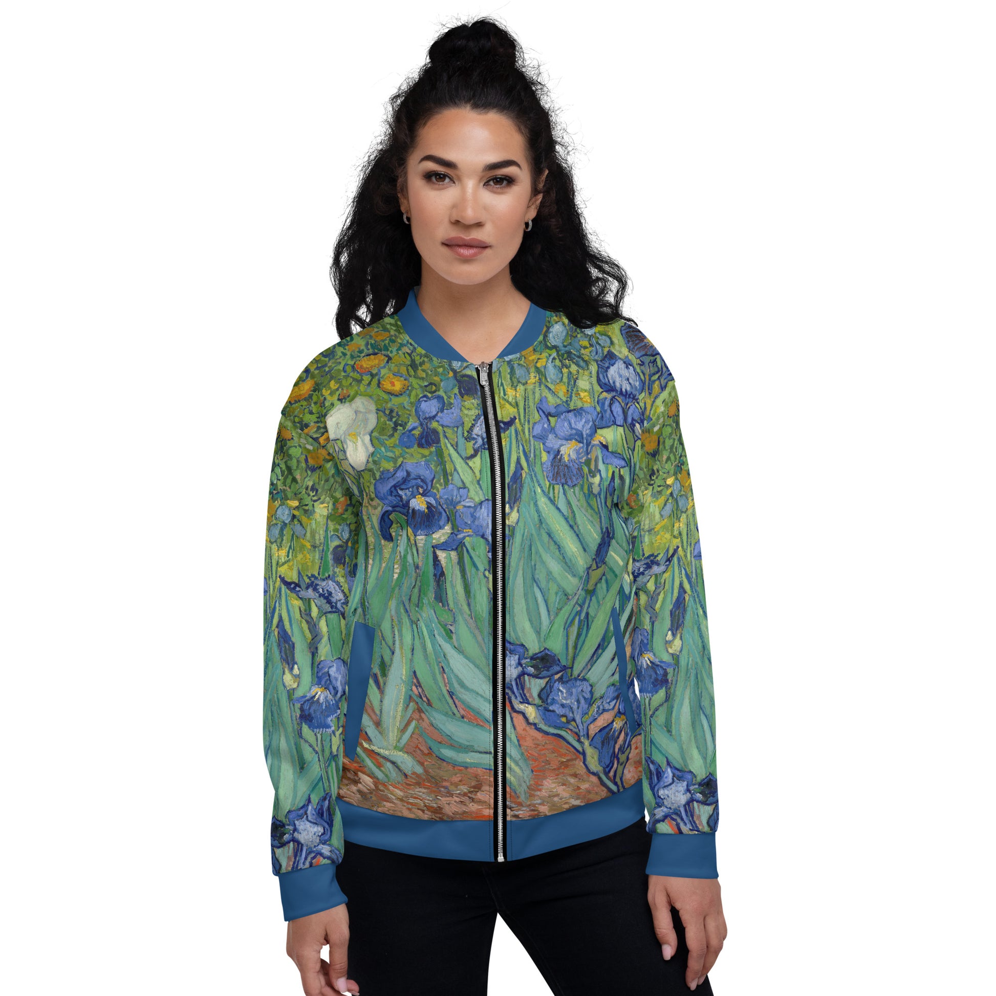 Lightweight bomber jacket with Vincent Van Gogh 'Irises' all over printed design. Female model facing front.