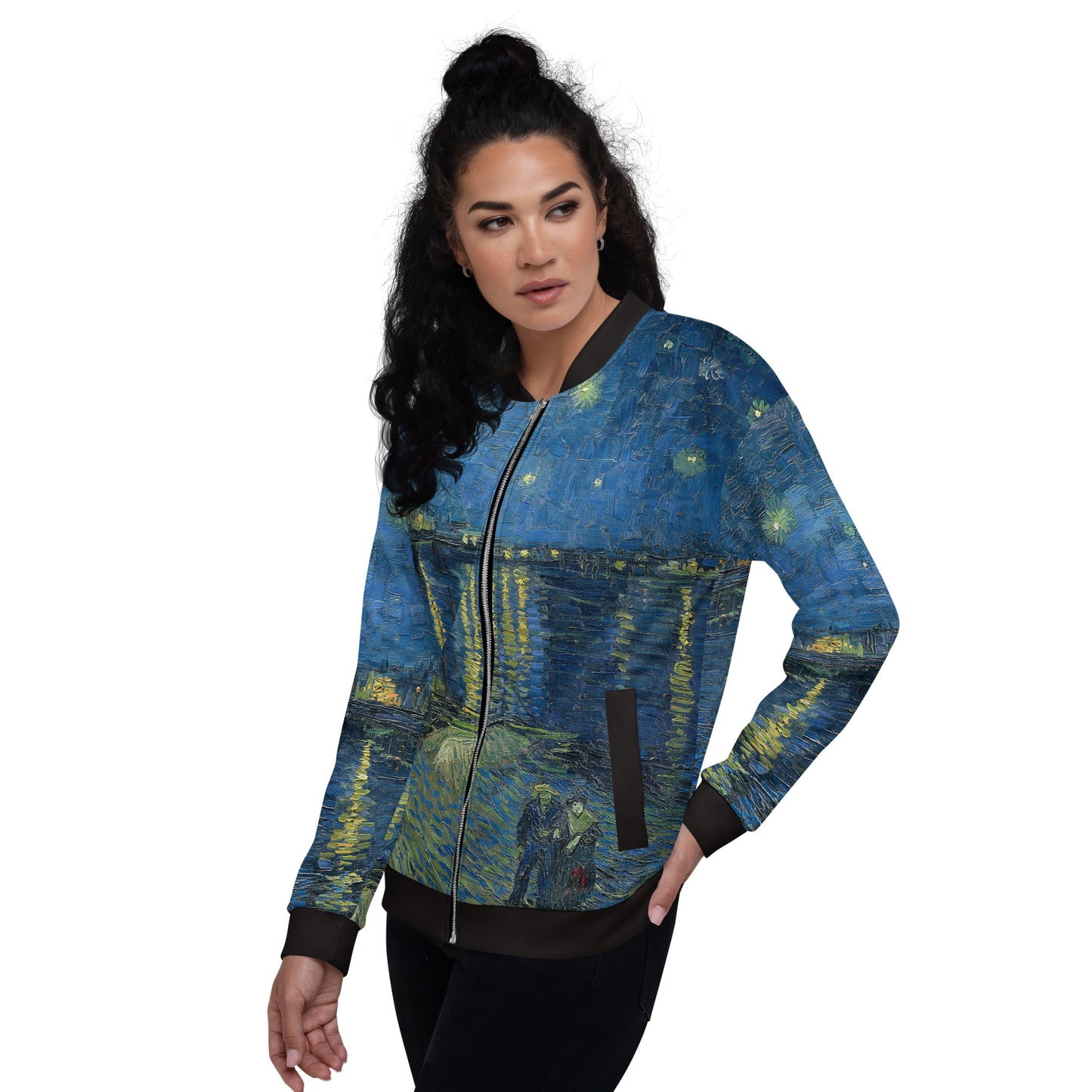 All over printed lightweight bomber style jacket in Van Gogh's Starry Night Over the Rhone design. Female model.