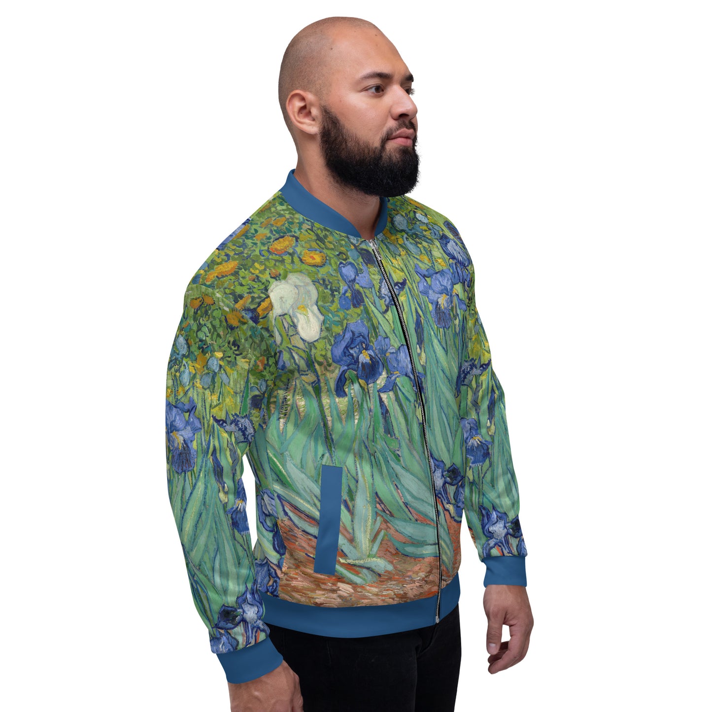 Lightweight bomber jacket with Vincent Van Gogh 'Irises' all over printed design. Male model side view.