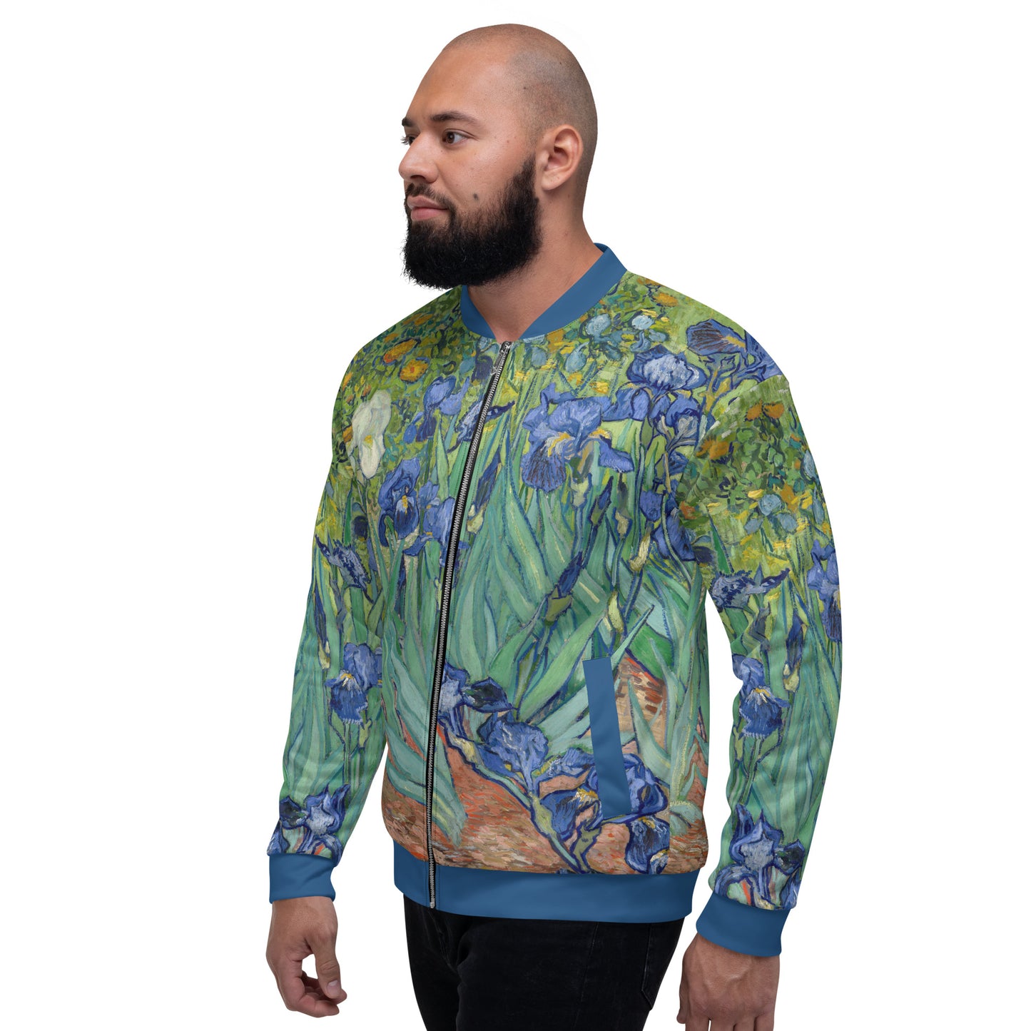 Lightweight bomber jacket with Vincent Van Gogh 'Irises' all over printed design. Male model.