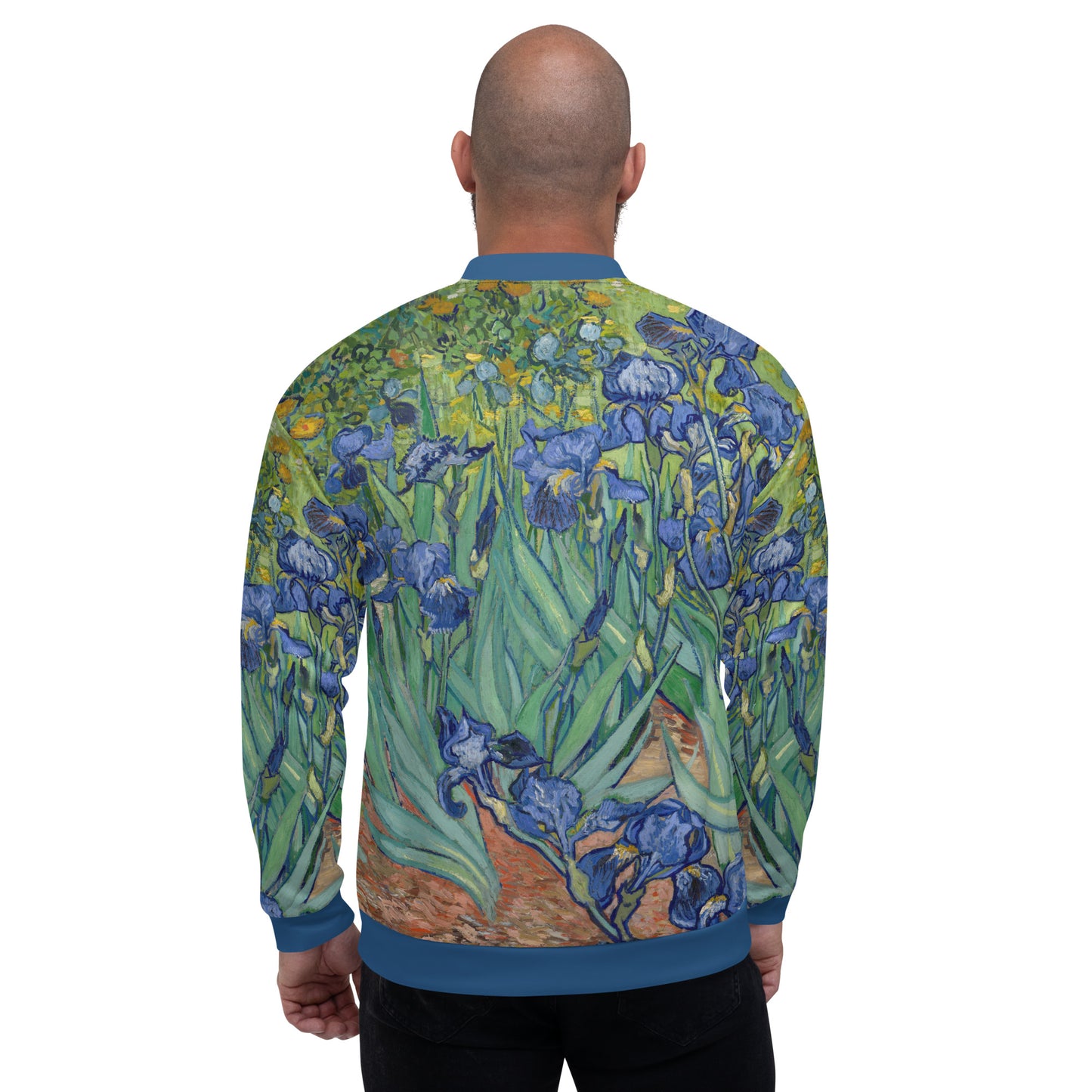 Lightweight bomber jacket with Vincent Van Gogh 'Irises' all over printed design. Male model rear view.