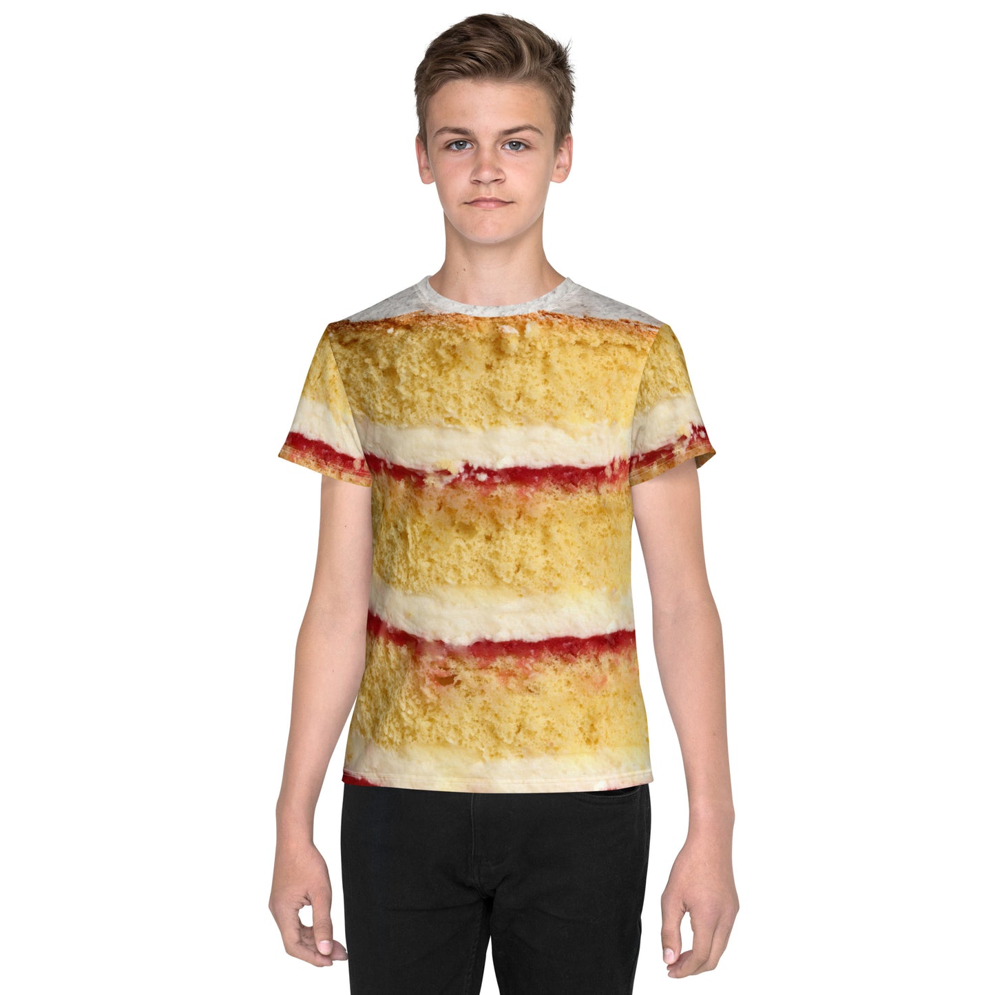 Teenage boy wearing a Victoria Sponge Cake layers all over print T-shirt, front view