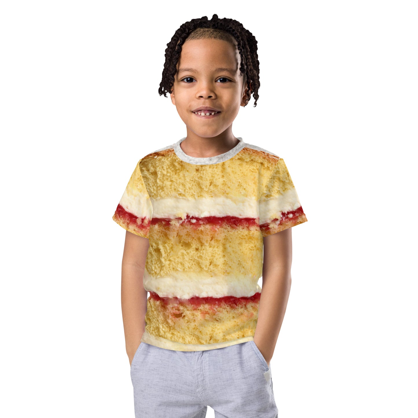 Boy wearing Victoria sponge cake layers with fresh cream and jam, all over print kid's T-shirt, front view